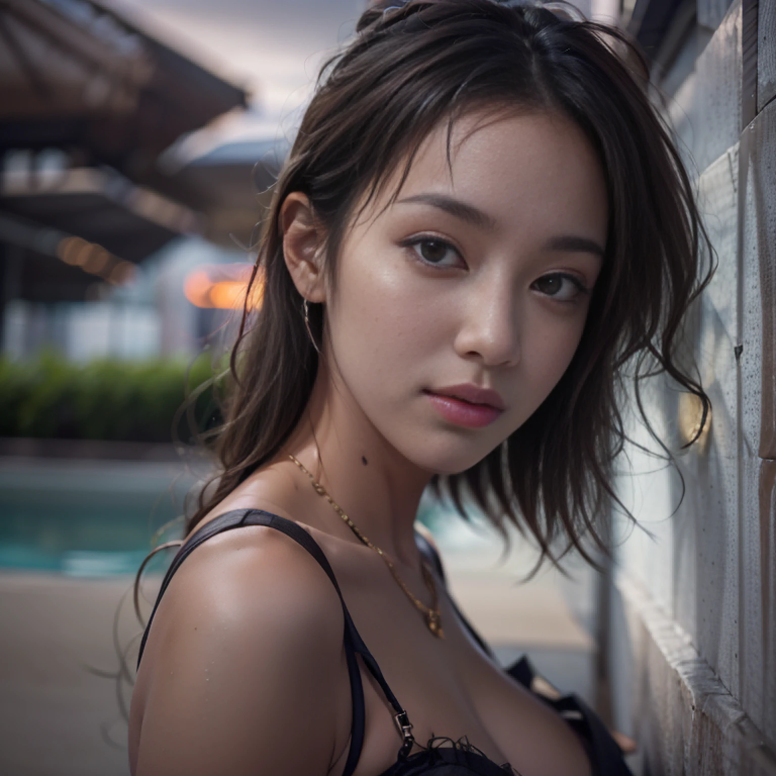Nikon RAW photos,8K quality,Fujifilm XT3,tmasterpiece,best qualtiy,realisticlying,ultra - detailed,1 girl,独奏,closeup portrait,huge breasts1.3,In the city,Rooftop outdoor pool,Fully naked,Morning,the soft light,cabelos preto e longos,rich facial detail,Fine fine skin,tempting pose,hair straight