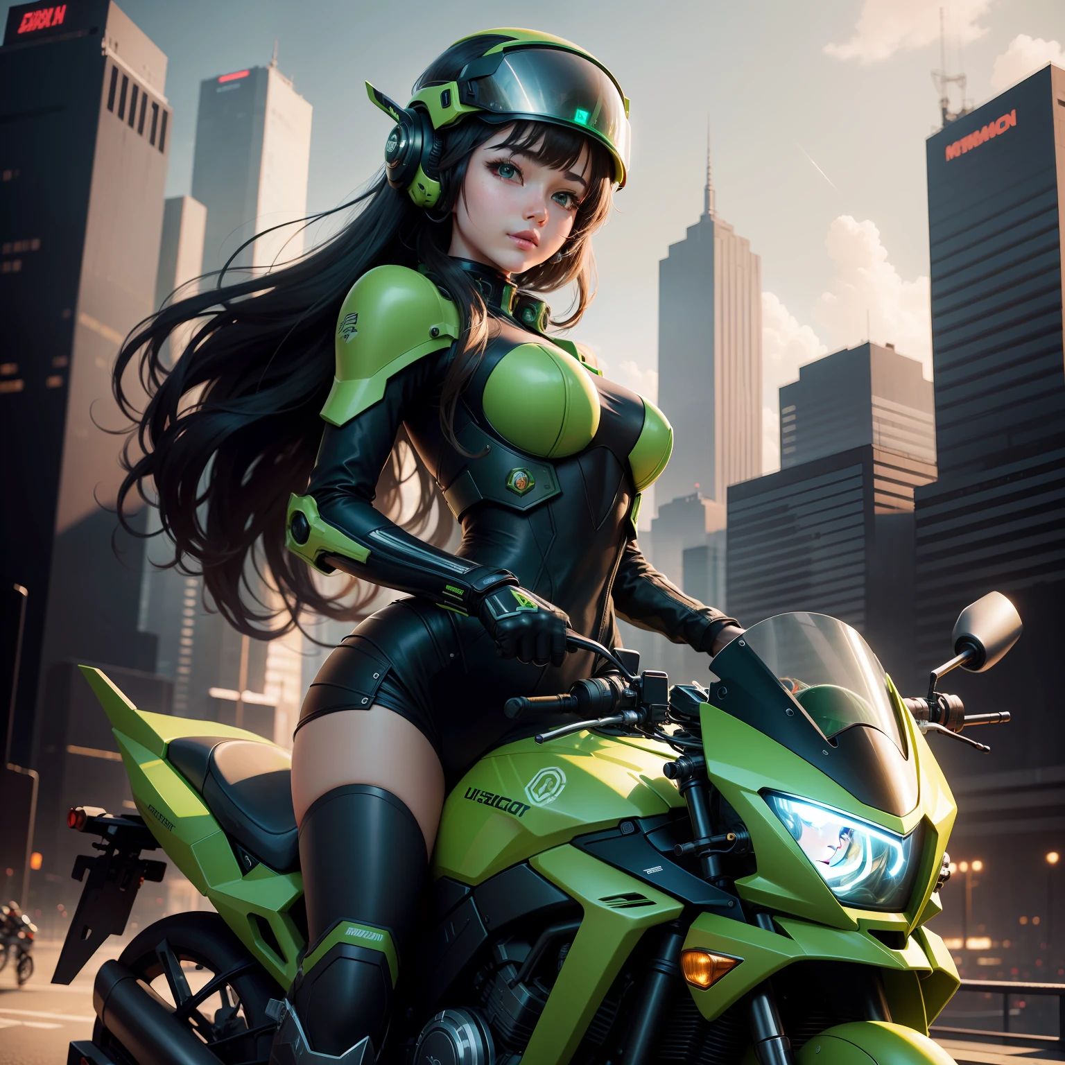 Highest image quality, outstanding details, ultra-high resolution, (realism: 1.4), the best illustration, favor details, highly condensed 1girl, with a delicate and beautiful face, dressed in a black and green mecha, wearing a mecha helmet, holding a directional controller, riding on a motorcycle, the background is a high-tech lighting scene of the future city.