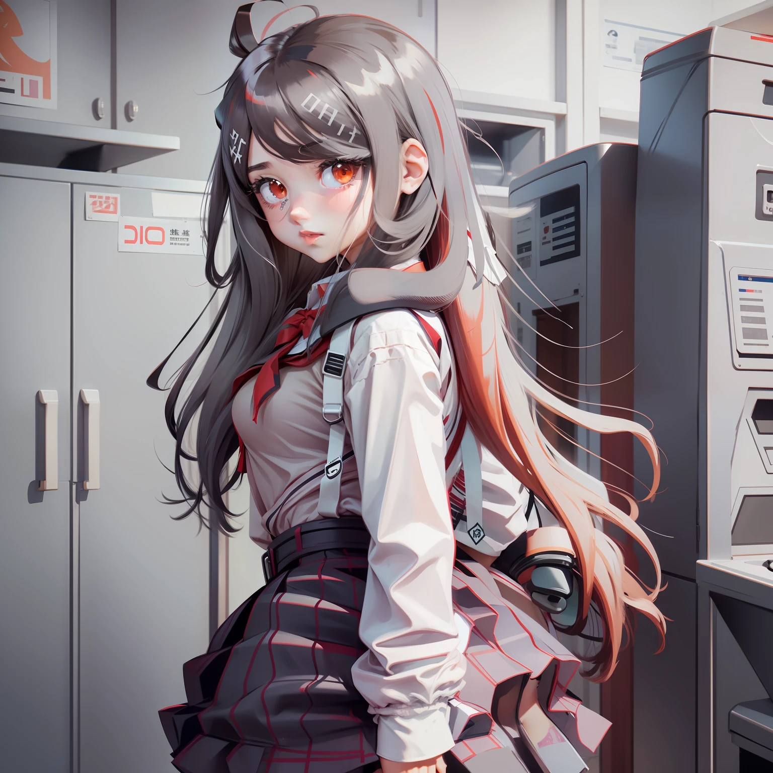 School girl Long hair and waist Black hair Red eyes Buttocks Red cheeks Shyness