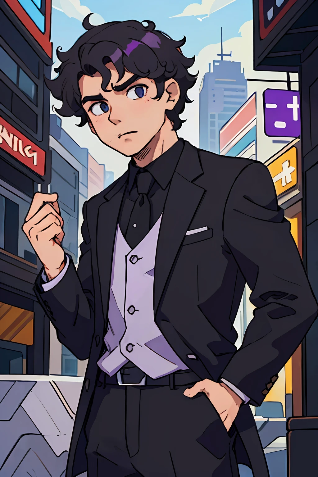 Man wearing black suite, cidade, curly hair with a american cut, fundo roxo