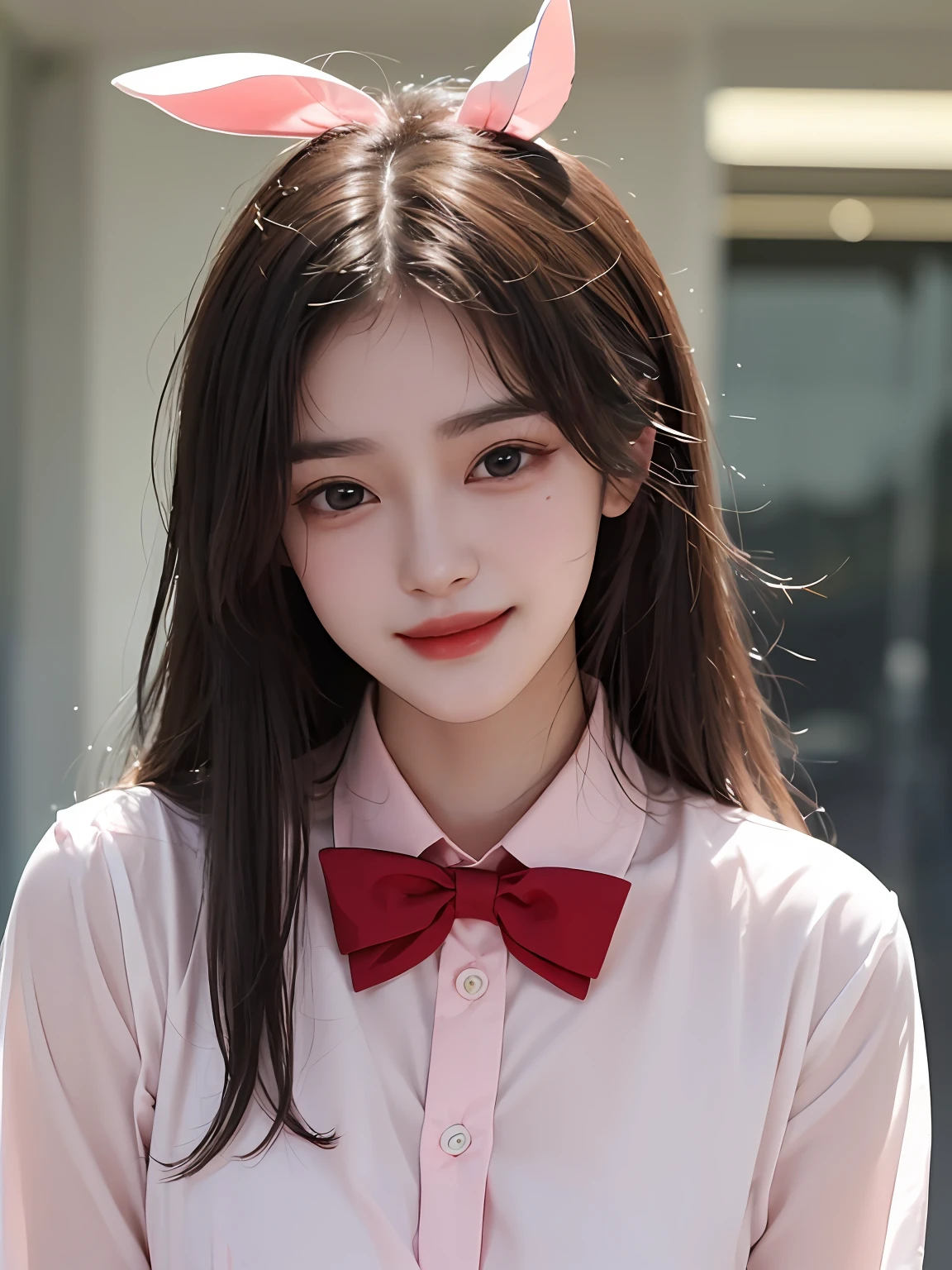 Characters: Real people, peerless beauty, cute girl, single, ((((Liu Yifei's girl with facial features))), Face: Delicate and beautiful facial features, oily red lips, sweet smile, smile, smile toothless, pure, blushing face, exquisite CG, Body: delicate skin, shiny, moisturized skin, Wearing: ((Bunny girl)), (pink translucent blouse 1.5), (blue and red) smart bow tie, unbuttoned Image quality: highest quality, masterpiece, vista, Rating: Safe