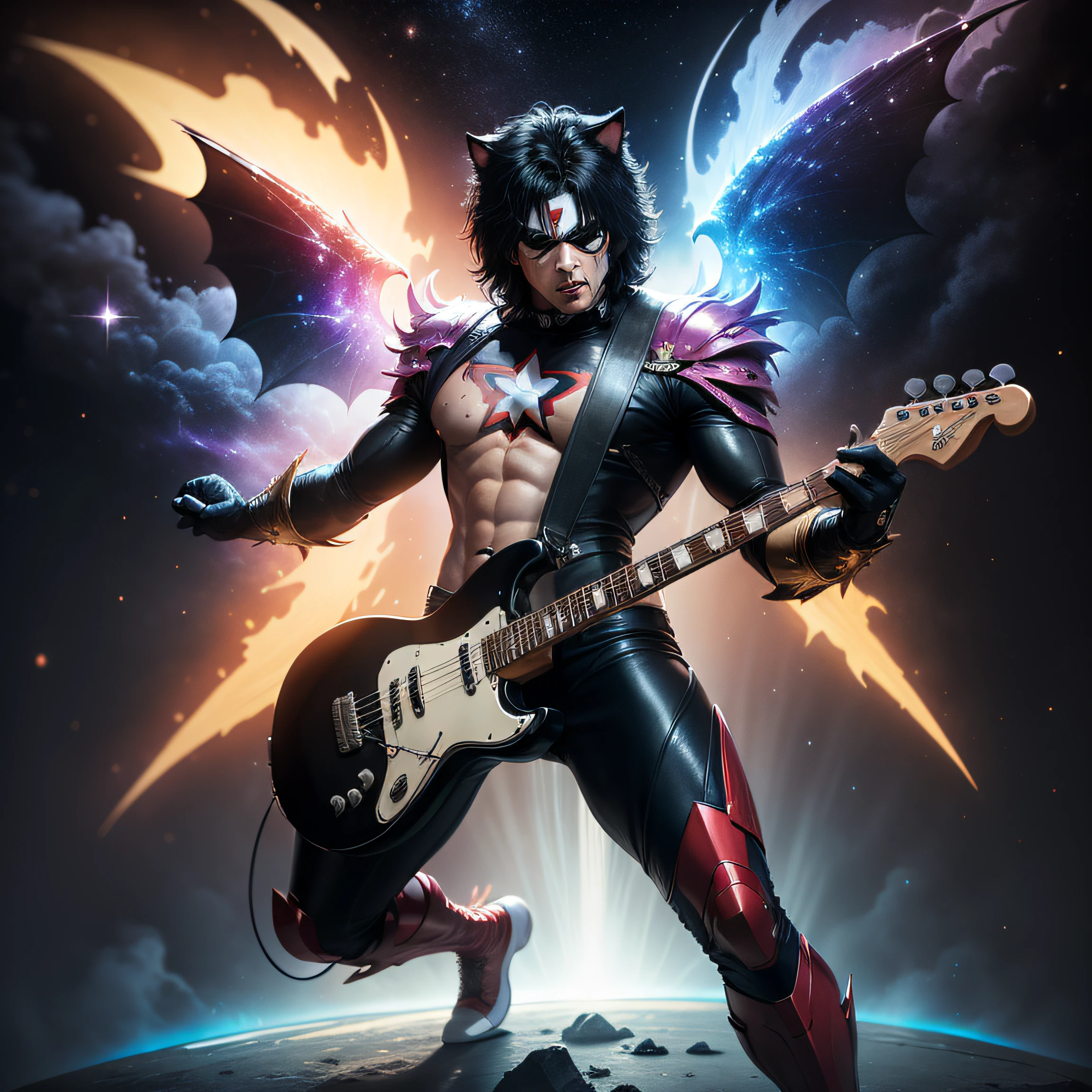 Description: In this stunning cartoonish Marvel-style artwork, the classic KISS album "Destroyer" comes alive as the band members transform into larger-than-life superheroes known as the "Heroes of the Rockiverse." Set in an epic HD and realistic world, this masterpiece captures the essence of KISS's rock and roll legacy through the lens of a comic book adventure.
Main Scene:
Cosmic Stage:
The backdrop is an otherworldly, intergalactic concert stage, complete with swirling nebulae and distant galaxies. The stage is set for an electrifying rock show, making the universe tremble with anticipation.
Central Characters:
The KISS band members are front and center, each boasting unique superhero personas:
Starchild (Paul Stanley):
As the charismatic leader, Starchild dons a glimmering superhero suit with stars shining all over. He wields a microphone like a cosmic scepter, and his powerful voice can shake the planets.
The Demon (Gene Simmons):
Embodying the darkness, The Demon is clad in a fearsome yet stylish costume adorned with bat-like wings and fire motifs. He wields a thunderous bass guitar, capable of unleashing sonic blasts.
Spaceman (Ace Frehley):
The cosmic guitarist, Spaceman, is decked in an intricate, glowing suit, complete with futuristic gadgets and a guitar that shoots out dazzling lasers into the cosmos.
Catman (Peter Criss):
Catman is a fierce and agile superhero, adorned with feline-inspired armor and an electrifying drum set that controls the rhythm of the universe.
Dynamic Poses:
Each band member is portrayed in a dynamic, action-packed pose, showing off their rockstar prowess on the cosmic stage. They are surrounded by an array of special effects, including bursts of light and cosmic energy.
Supporting Characters:
Cartoonish supporting characters enhance the Marvel-style narrative:
The Rockiverse Crowd:
A colorful and diverse crowd of alien beings and intergalactic fans fills the cosmic arena, cheering on the Heroes of the Rockiverse.