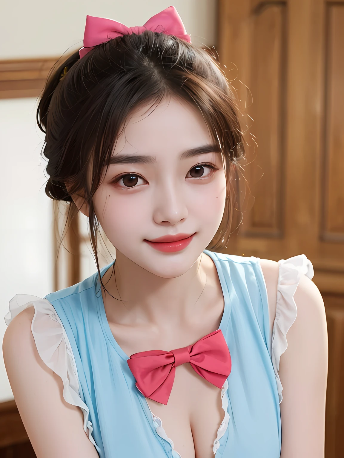 Characters: Real people, peerless beauty, cute girl, single, ((((Liu Yifei's girl with facial features))), Face: Delicate and beautiful facial features, oily red lips, sweet smile, smile, smile toothless, pure, blushing face, exquisite CG, Body: delicate skin, shiny, moisturized skin, Wearing: ((Bunny girl)), (pink translucent blouse 1.5), (blue and red) smart bow tie, unbuttoned Image quality: highest quality, masterpiece, vista, Rating: Safe