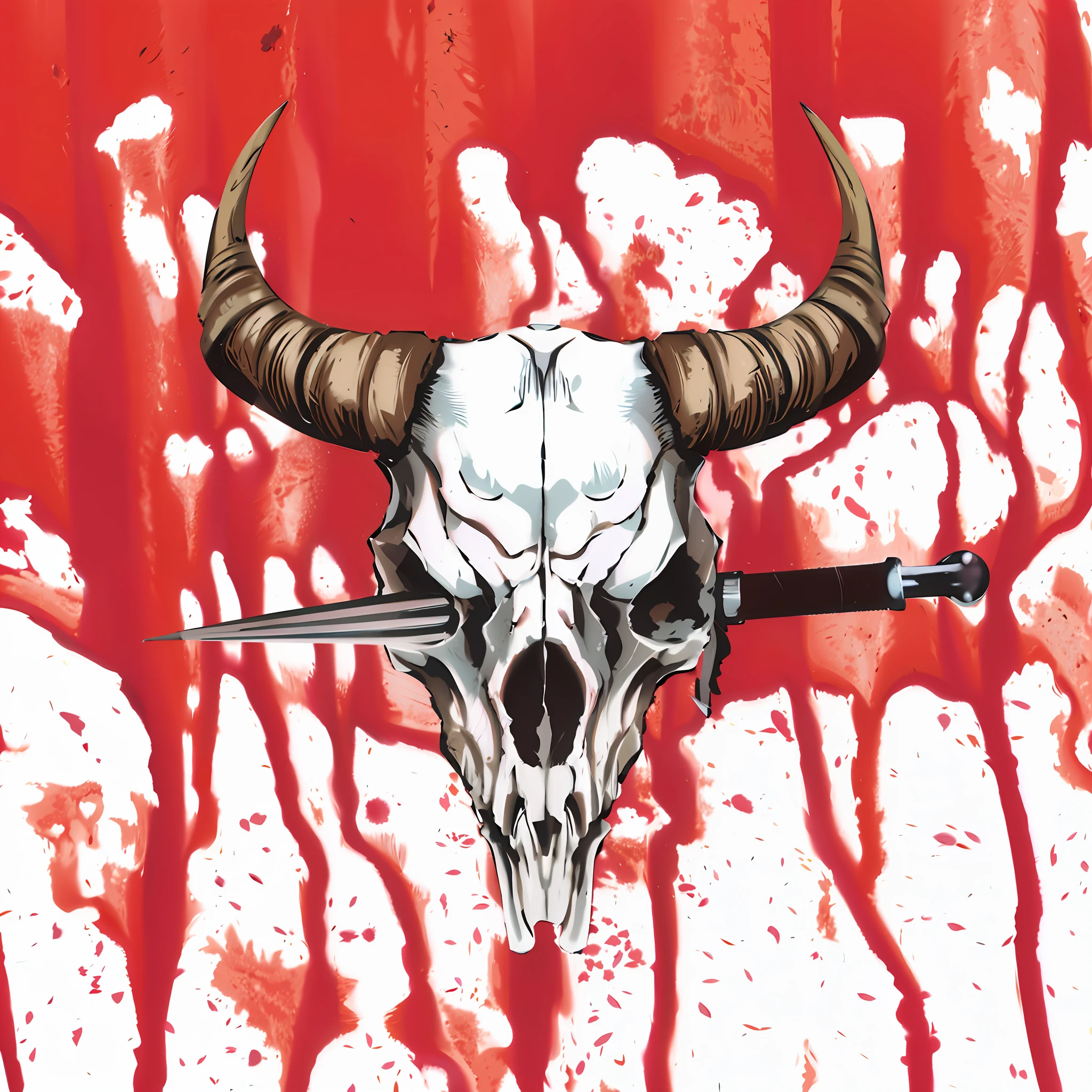 a closeup of a skull with horns and a knife, cow skull, Hannibal, chifres vermelhos, arte detalhada da capa, cobrir com sangue, with an animal skull for a head, chifres brancos, Como ilustrado em Top Cow Comics, Album art, manchado e sangrando, Illustration by Conan, the Barbarian, skull design for a rock band, white demon horns