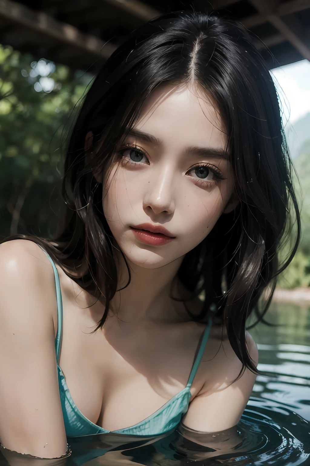 styled: Pure+ultra-realistic realism, Fair skin texture, Bright eyes, lightand shade contrast, high textured, ultra HD picture quality, High nose, dynamic angle, Light tracing, Realism, offcial art, Unity 8k壁纸, Ultra detailed paintings, A masterpiece of beauty, best qualityer, Glows skin, movie level lighting, Full-body sideways styling, setting in nature, Slip dress,palace background,outside,small bridge flowing water