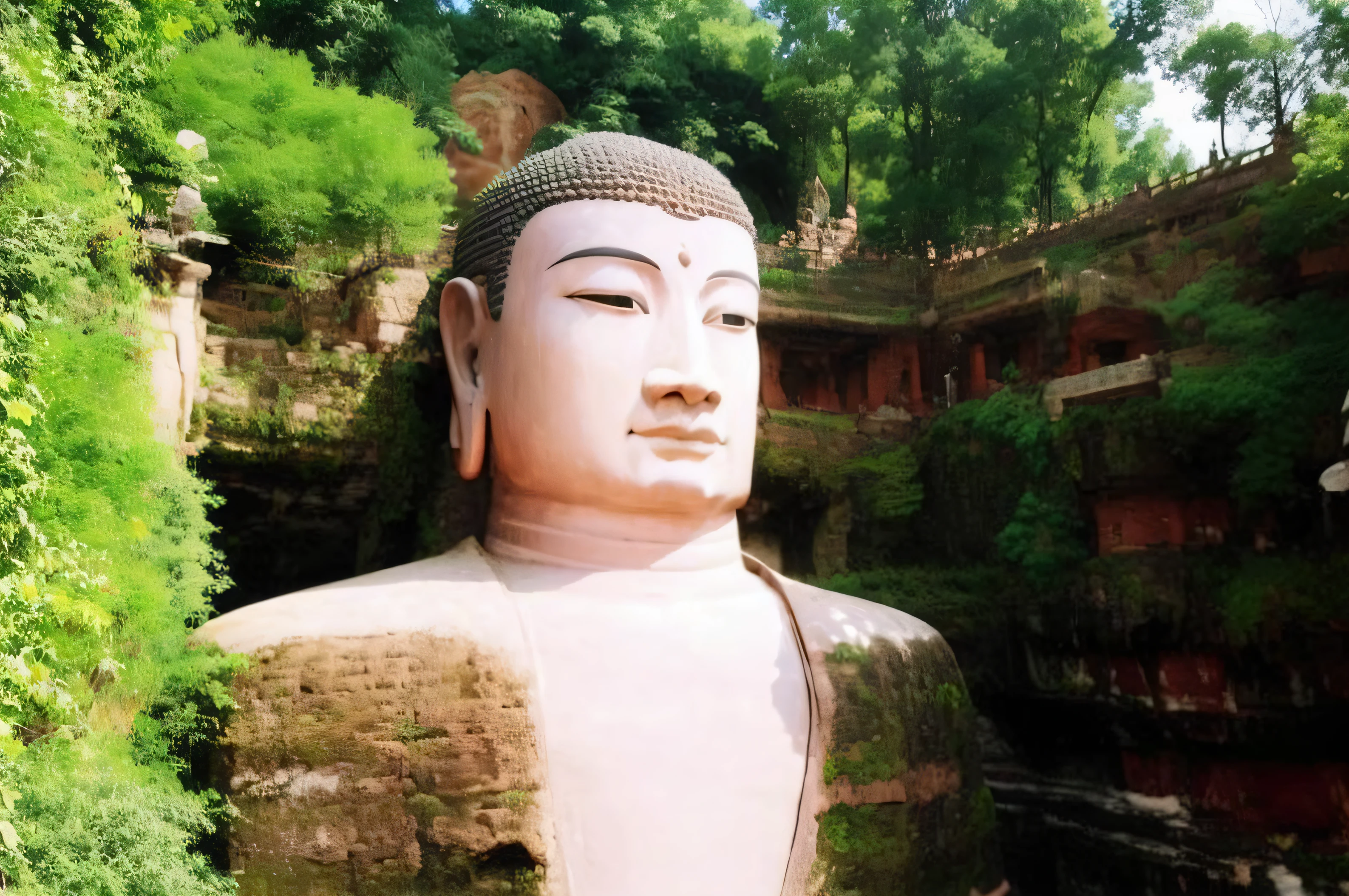 Close-up of a large statue of a man in a cave, Buddha, a Buddhist Buddha, giant clay statue, large temples, huge statues, photograph taken in 2 0 2 0, Buddhism, a massive celestial giant god, Guanyin, floating in a powerful zen state, it is very huge, Buddhist, Ancient Chinese architecture, Mesmerizing and imposing ,photograph taken in 2 0 2 0, The stonework,Copper-colored face,Copper,Copper-colored facial skin,Copper-colored facial fullness, peaceful expression,Realphotos,8K quality,hyper HD