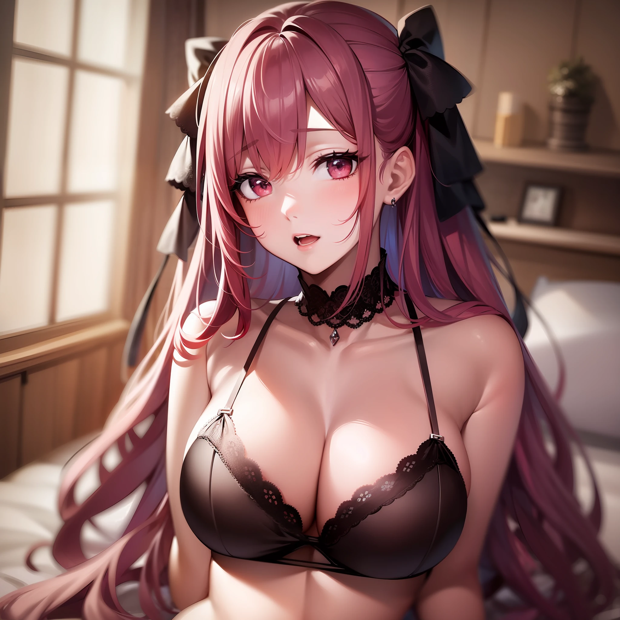 1girl, long crimson hair, silver eyes, black undergarments, bedroom, large soft breast, nigttime