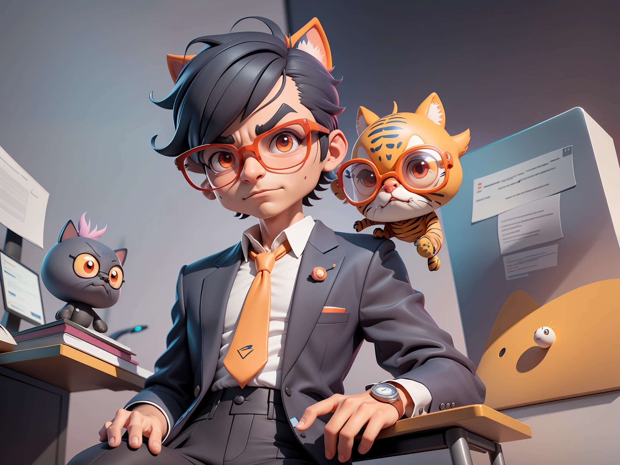 A young man in a suit, Short hair and glasses sat at his desk,holding laptop,digitial painting,tigre,3D character design by Mark Clairen and Pixar and Hayao Miyazaki and Akira Toriyama,4K HD illustration,Very detailed facial features and cartoon-style visuals。