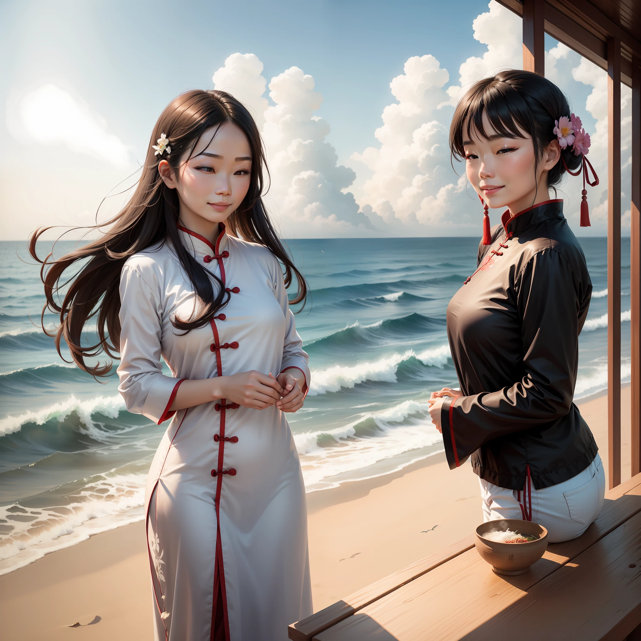"Chinese woman blowing sea breeze by the sea，A smile of serenity and freedom on his face。"