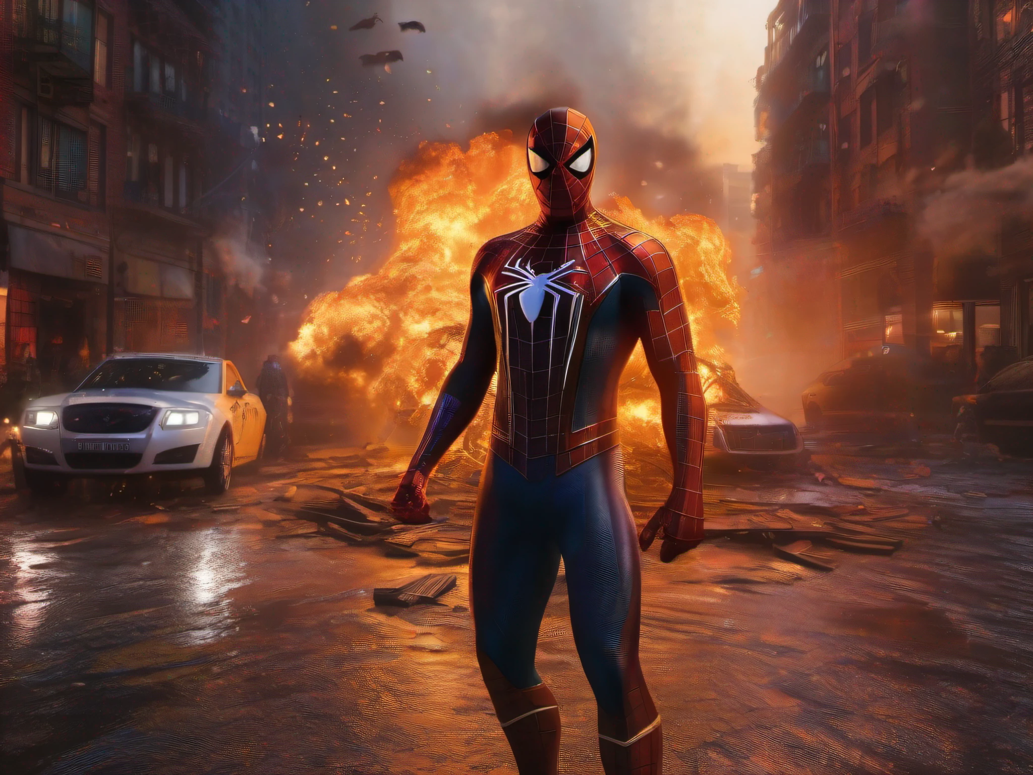 mutant spider man, full body, background with buildings falling down and on fire, with lots of lights, background rich in details, ultra realistic, ultra detailed, high rendering, RTX, 8k