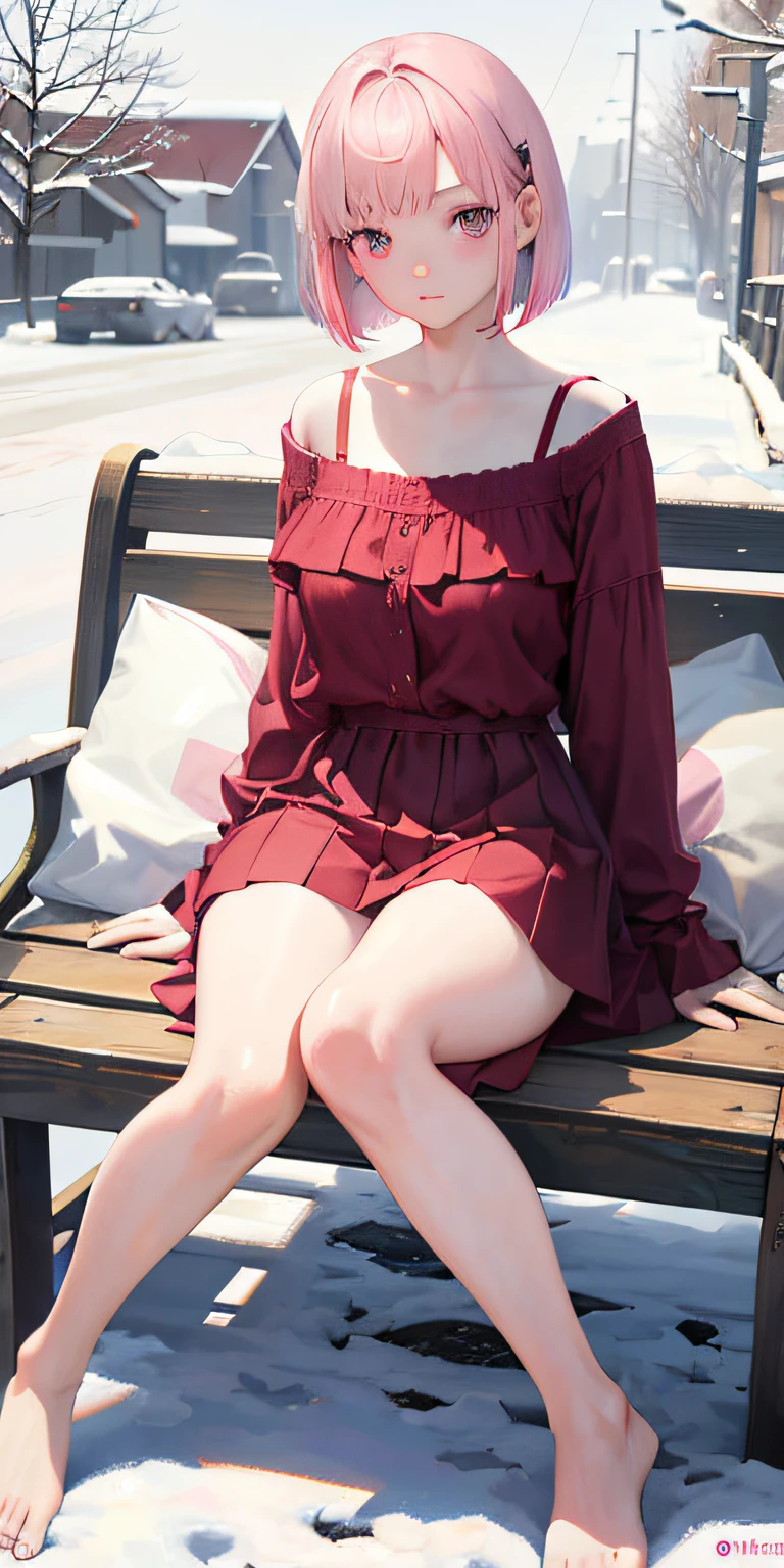 18 years old girls,tmasterpiece,Shy face,Bob Head,red blouse,No bra,did not wear panties,The lower body is naked,Bare legged,Barefoot,Sit on a wooden bench,Snow-whiteskin,overcast day,with pink hair,a pink eyes,thick thight