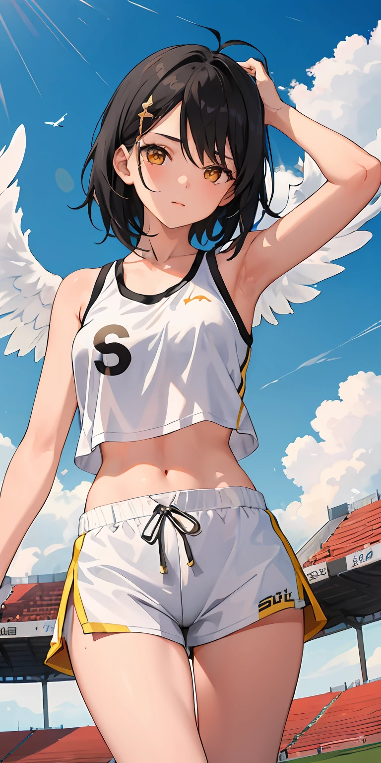 1girl, black hair, sport tanktop, angelic wings, white eyes and shining yellow, looking over to you, in a sports field