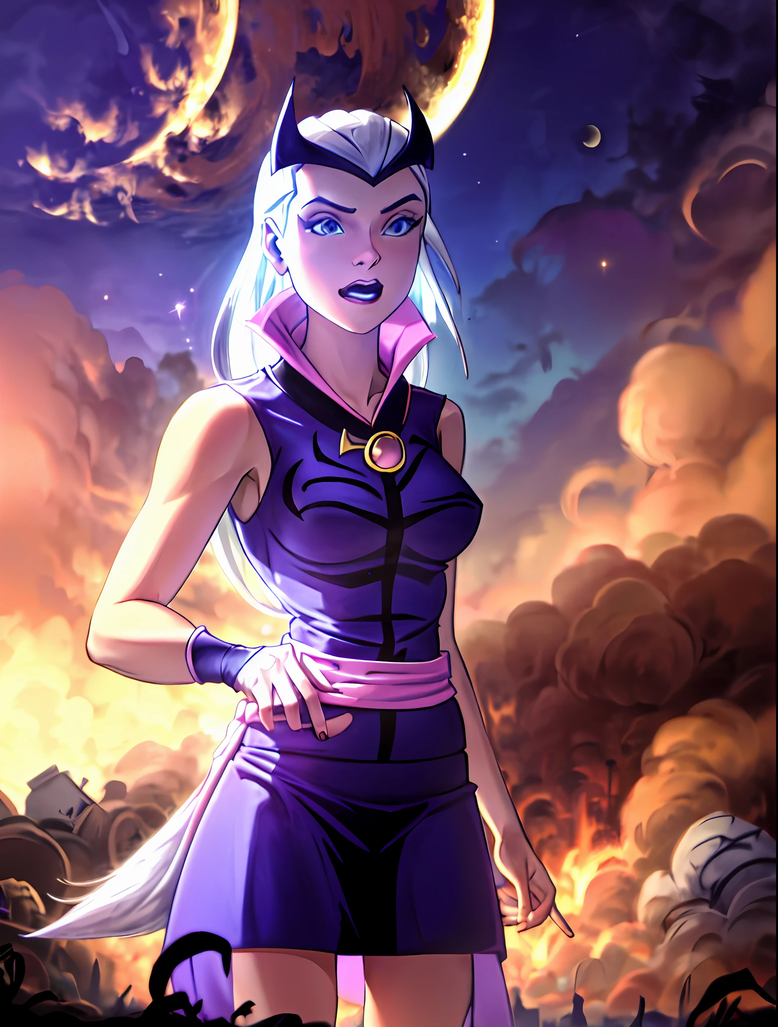 (cowboy shot), sfw, (masterpiece), (best quality:1.0), (ultra highres:1.0), detailed eyes,
BREAK
Charmcaster, solo, 1girl, slicked-back hair, blue eyes, long hair, dynamic pose, (black crown)
purple dress, sleeveless, popped collar, black tights, red gem, fingerless gloves, pink waist-sash
BREAK
(castle, night, moon, gorgeous view)