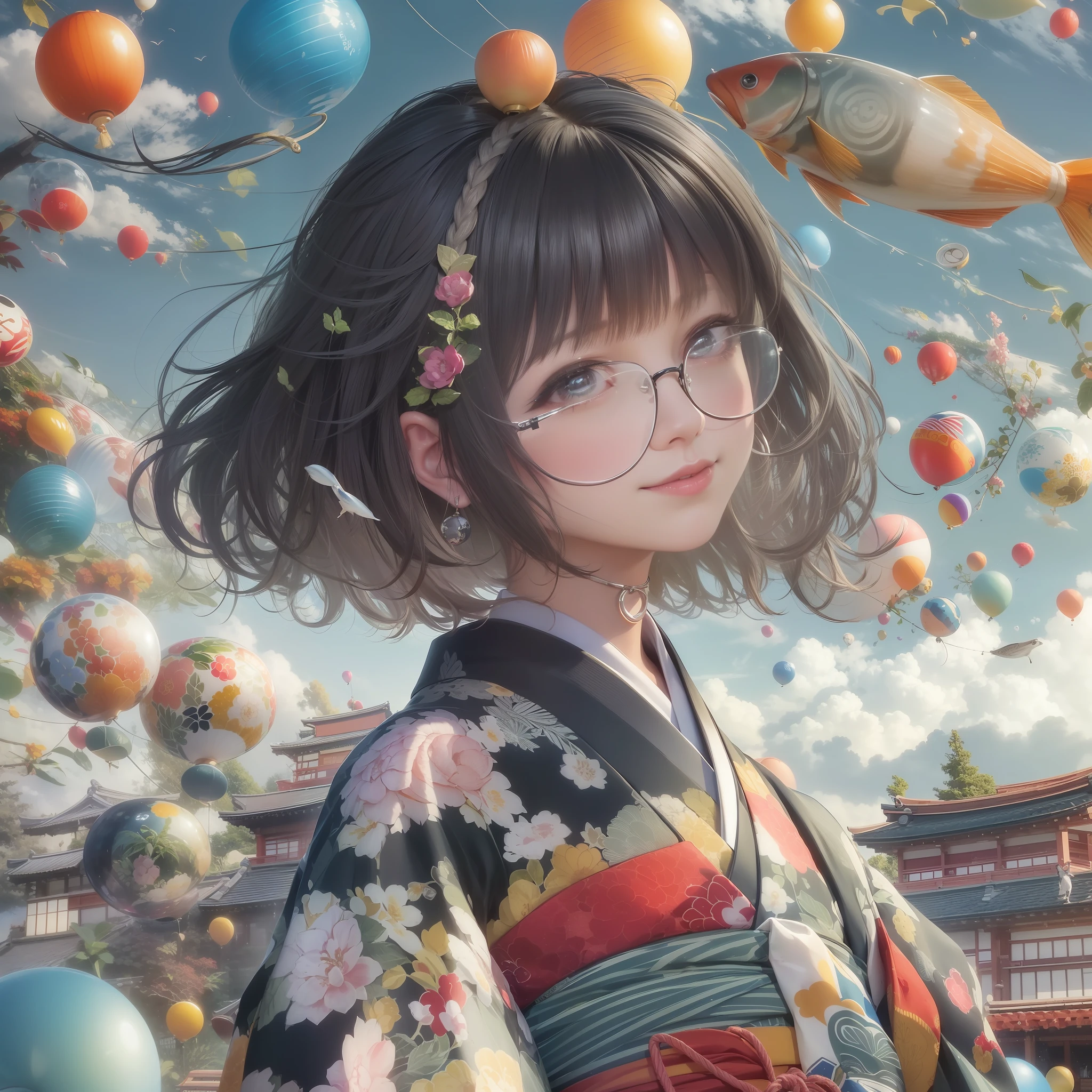 (Top image quality:1.5), (超A high resolution:1.2), (4k:1.4), (fish-eye lens:1.2), 19 year old woman in kimono, Short bob black hair, Hair braided on the right side, half of the bangs are gray, Greenstone Choker, Simple rimmed glasses, Hanikami smile, (japanes:1.2), Colorful cityscape, Paper balloons with Japanese patterns falling from the sky