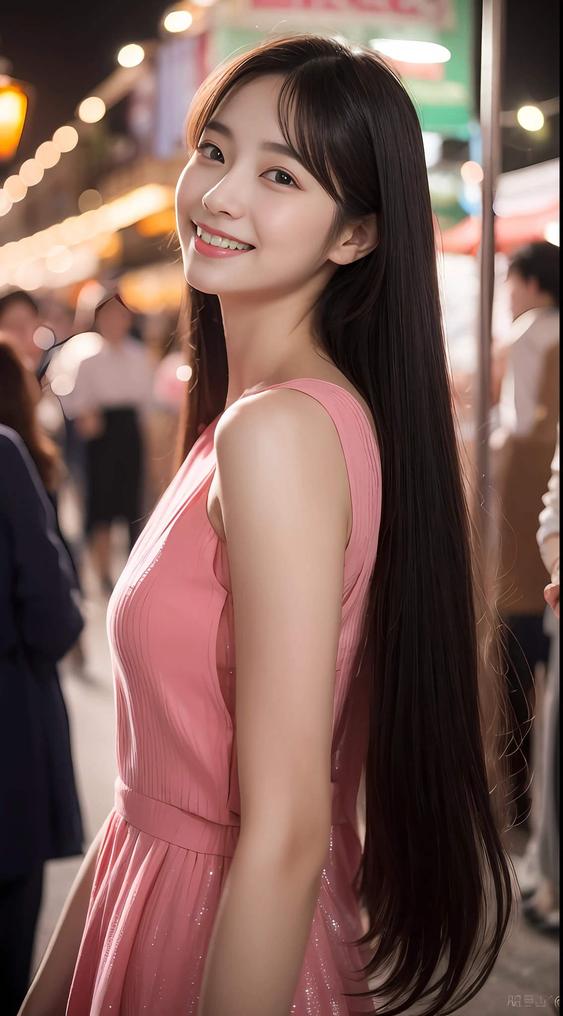 It's a street at night,Brilliantly lit。In the hustle and bustle of the crowd,A beautiful girl。She stood in front of a roadside stall,Smile and observe everything around you。Under the soft lighting of street lamps,Her delicate face was as white as snowflakes,It's awe-inspiring。Wisdom and curiosity shone in the clear and bright eyes,Whenever she blinks an instant,It's like a twinkling starlight。She applied cherry-colored lip gloss,the corners of your mouth rise slightly,Elegant and charming。She wore a pink dress,Brush lightly across the ground,Every step is like a dancing ballet。Long black hair draped over the shoulders,Every strand of hair is vibrant and shiny。In this picture,It is the most beautiful scenery in the night market。
