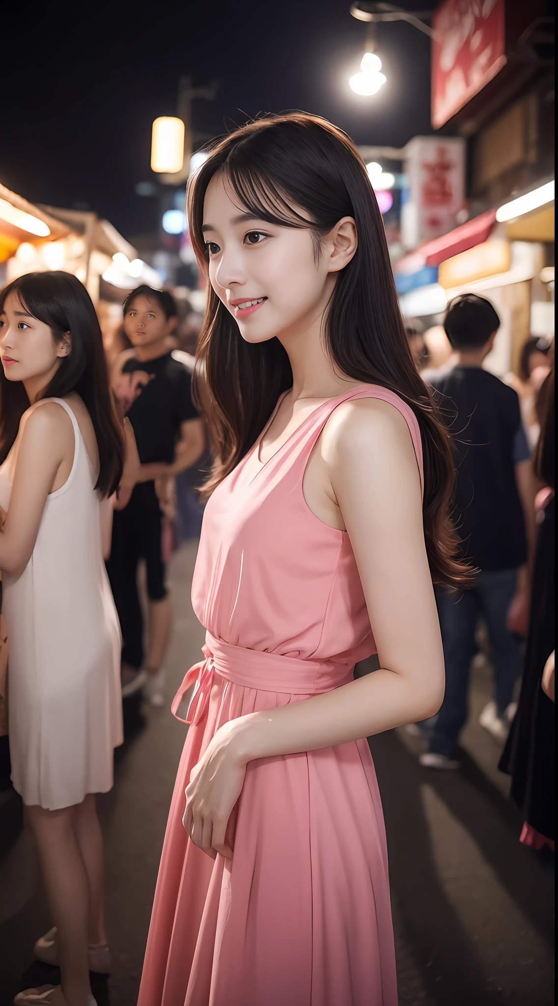 It's a street at night，Brilliantly lit。In the hustle and bustle of the crowd，A beautiful girl。She stood in front of a roadside stall，Smile and observe everything around you。Under the soft lighting of street lamps，Her delicate face was as white as snowflakes，It's awe-inspiring。Wisdom and curiosity shone in the clear and bright eyes，Whenever she blinks an instant，It's like a twinkling starlight。She applied cherry-colored lip gloss，the corners of your mouth rise slightly，Elegant and charming。She wore a pink dress，Brush lightly across the ground，Every step is like a dancing ballet。Long black hair draped over the shoulders，Every strand of hair is vibrant and shiny。In this picture，It is the most beautiful scenery in the night market。