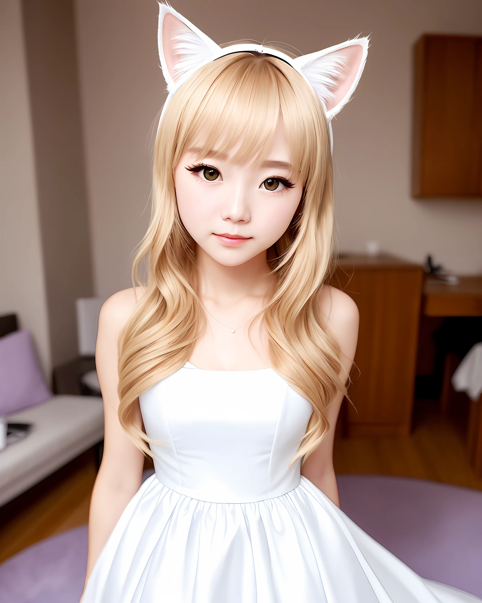 Medium long blonde hair,Cat ears,Purple eye,with a round face,Princess dress,White-colored skin,