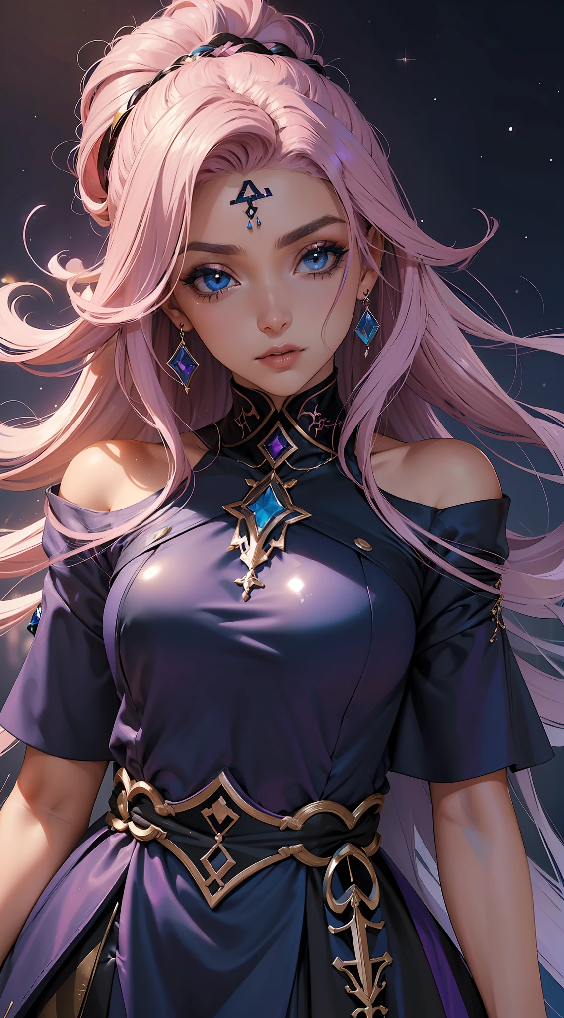"((Cabelo rosa:1.3),(cabelo liso),(roupa preta com roxo),(olhos grandes azul meia noite perola brilhante),(pele palida),(close-up))"