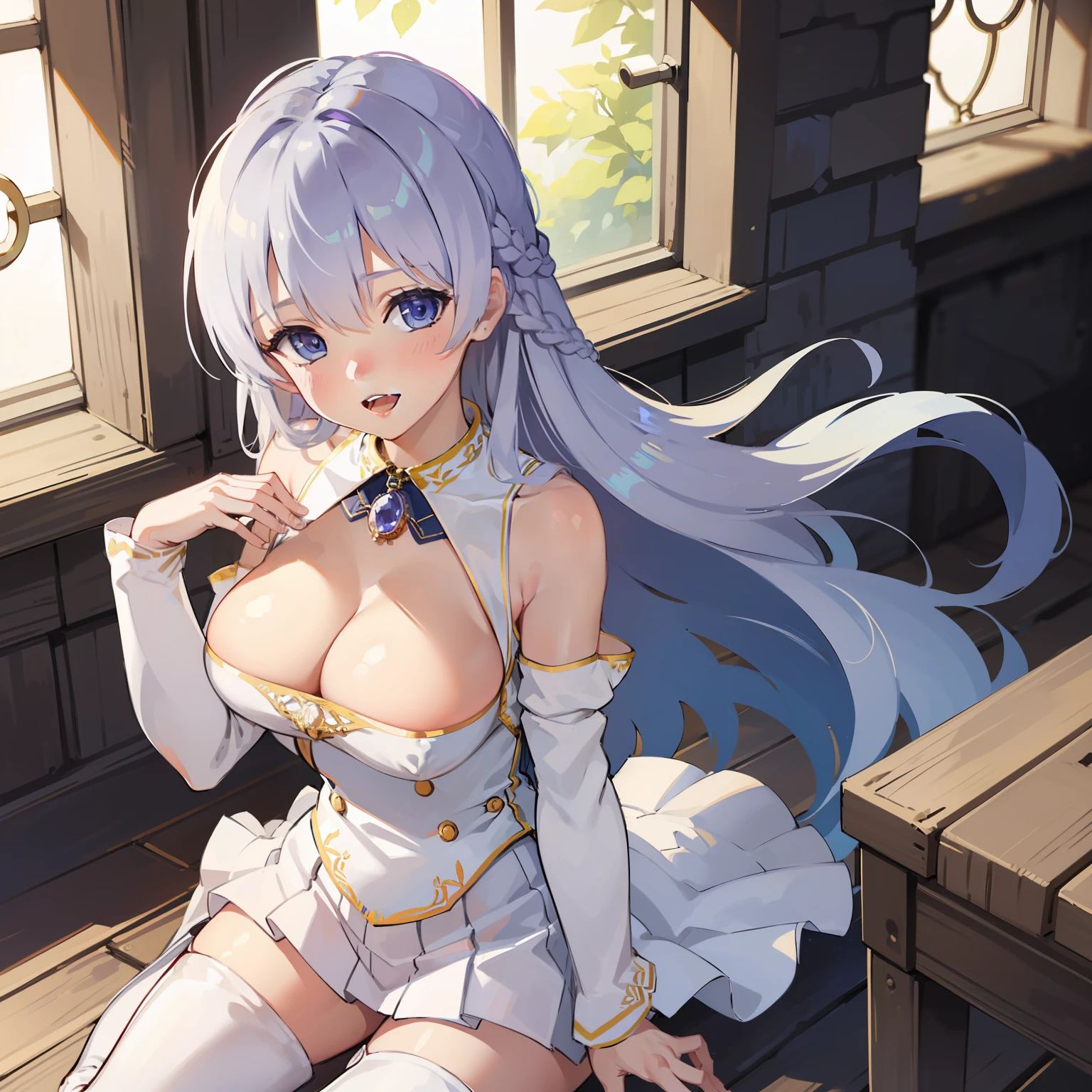 (hyper extreme detailed),(masterpeace),(hyper extreme),(photorealistic),CG,(colour:1.2), beautiful lighting,light from the front, solo, Rodney,silber hair,long hair,multiple side braid, detached_sleeves,thigh_boots,detached_collar,white and blue dress, (beautiful_detailed_eyes),