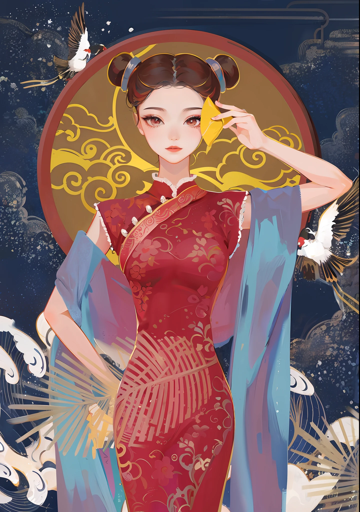 There was a woman in a red dress holding a cell phone, Inspired by Lan Ying, China Princess, Princesa chinesa antiga, Inspired by Qiu Ying, Palace ， A girl in Hanfu, inspired by Xie Sun, inspired by Jin Nong, inspired by Park Hua, chinese empress, inspired by Xu Xi, Cheongsam, inspired by Lu Guang, an ancient Chinese goddess