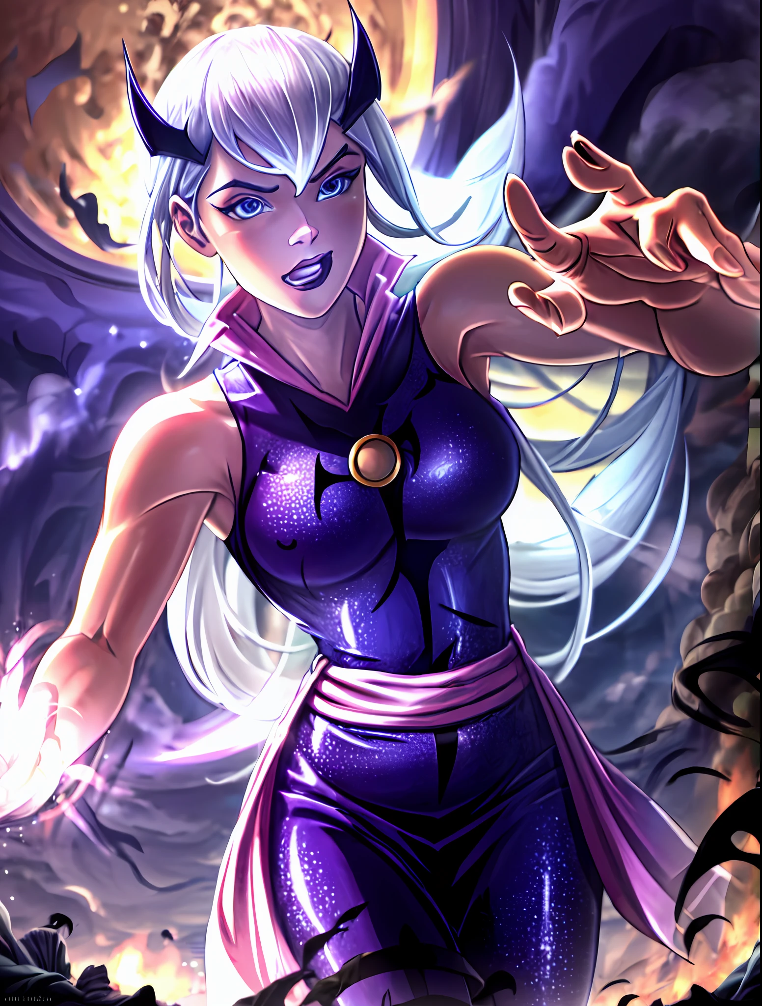 (cowboy shot), sfw,  (masterpiece), (best quality:1.0), (ultra highres:1.0), detailed eyes,
BREAK
Charmcaster, solo, 1girl, slicked-back hair, blue eyes, long hair, dynamic pose, (black crown)
purple dress, sleeveless, popped collar, black tights, red gem, fingerless gloves, pink waist-sash
BREAK
(castle, night, moon,  gorgeous view)