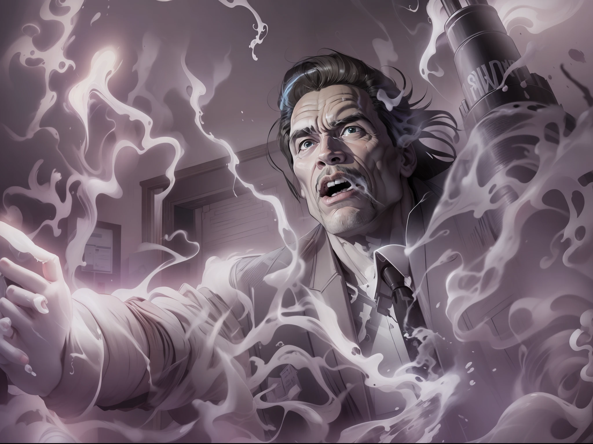 Arnold Schwarzenegger, graves, s office, best quality, retrato estilizado cartunesco, (hiperdetalhe:1.15), (luz suave, agudeza:1.2), action pose, action shot, (delirium) chaotic liquid smoke storm,