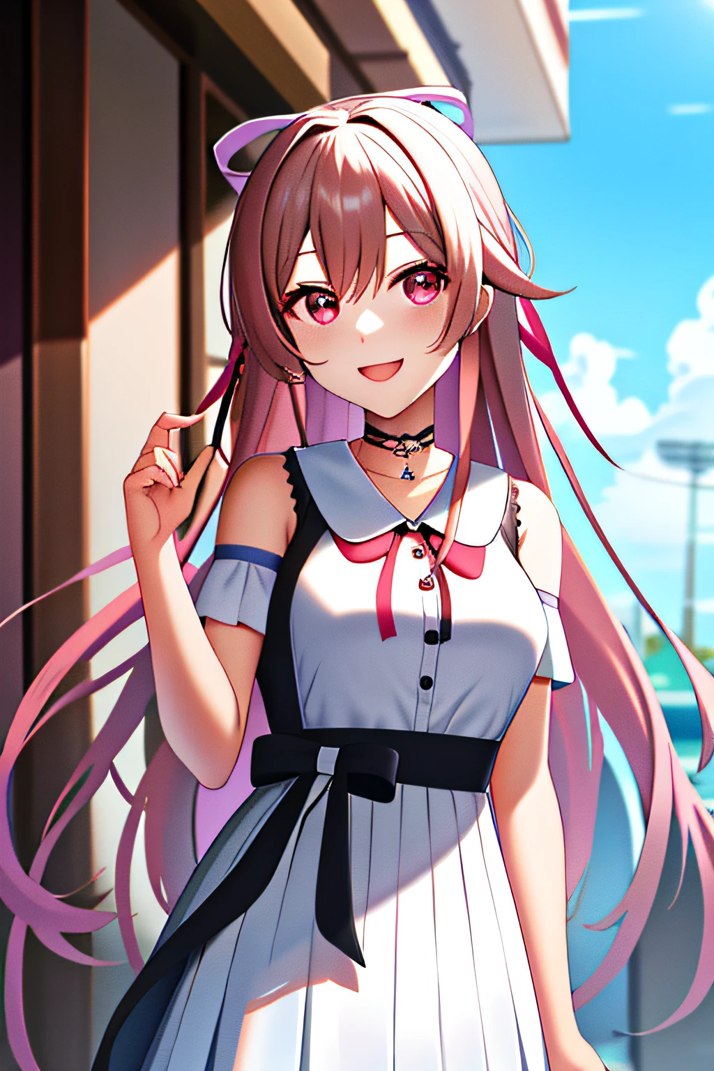 Masterpiece, Best quality, A high resolution,FEL1, White skirt, White shirt, Pink hair ribbon,, black long straight hair, Light blue choker, 鎖骨, Bare shoulders,, Short sleeves, Outdoors, standing,, Market, ssmile