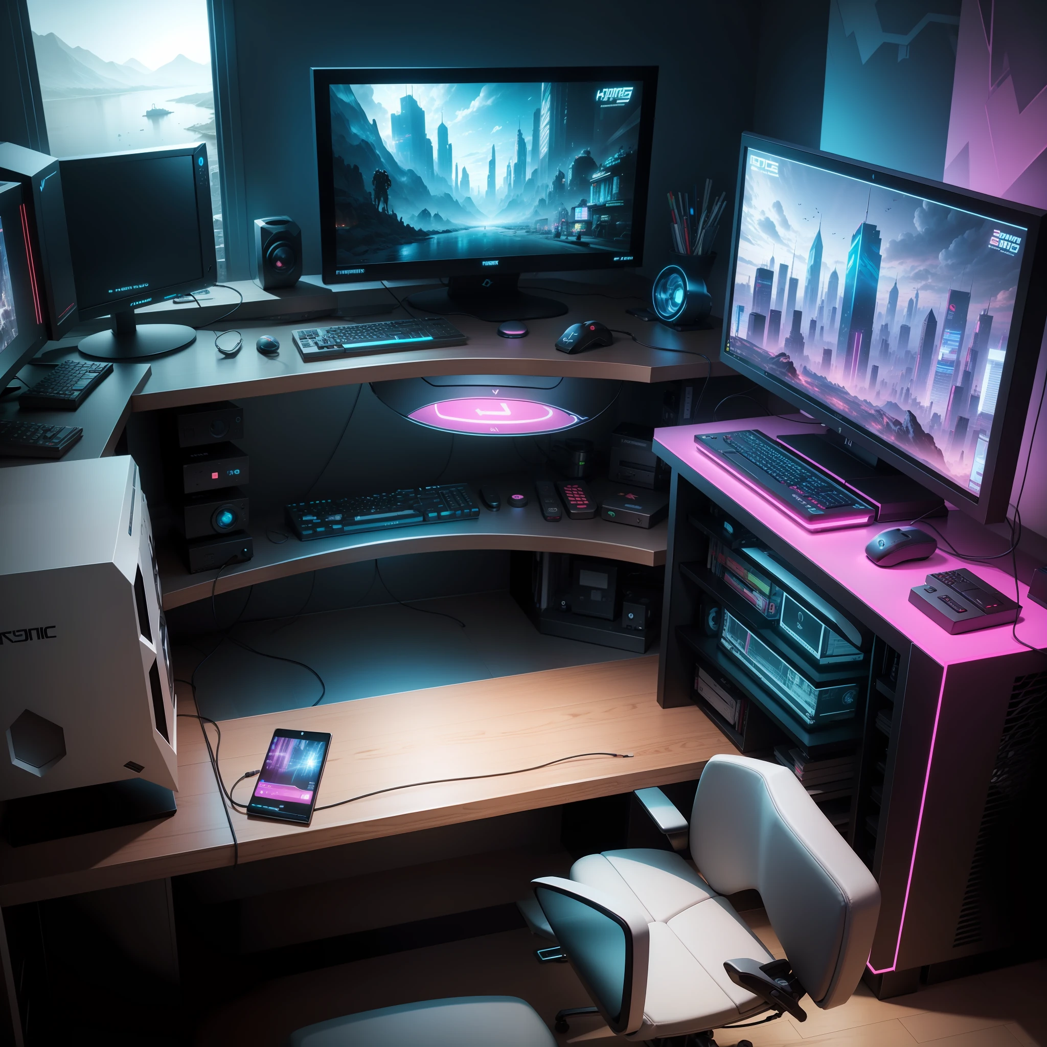 Gaming room computer desk, futurestic technology, hyper realistic,8k ultra realistic, neon, gaming