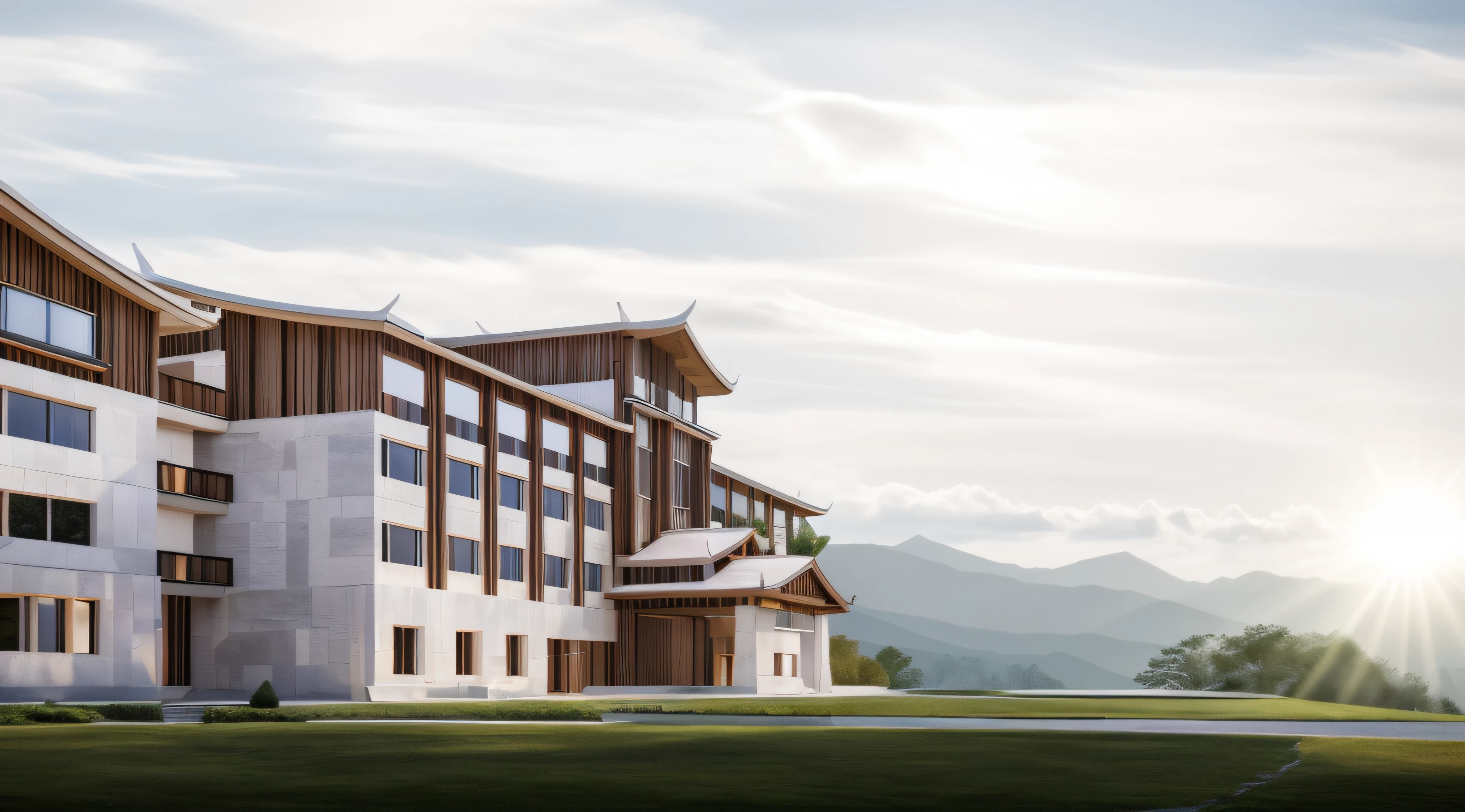 Lijiang，5 stars hotel，（tmasterpiece，and the sun was shining brightly，Strip light，suns，white marble walls），The building greets the lights，Light-receiving surface，A fusion of modern and vernacular architecture，The roof has curves and warping angles，realistic cgi render，archviz，with blue sky and white clouds