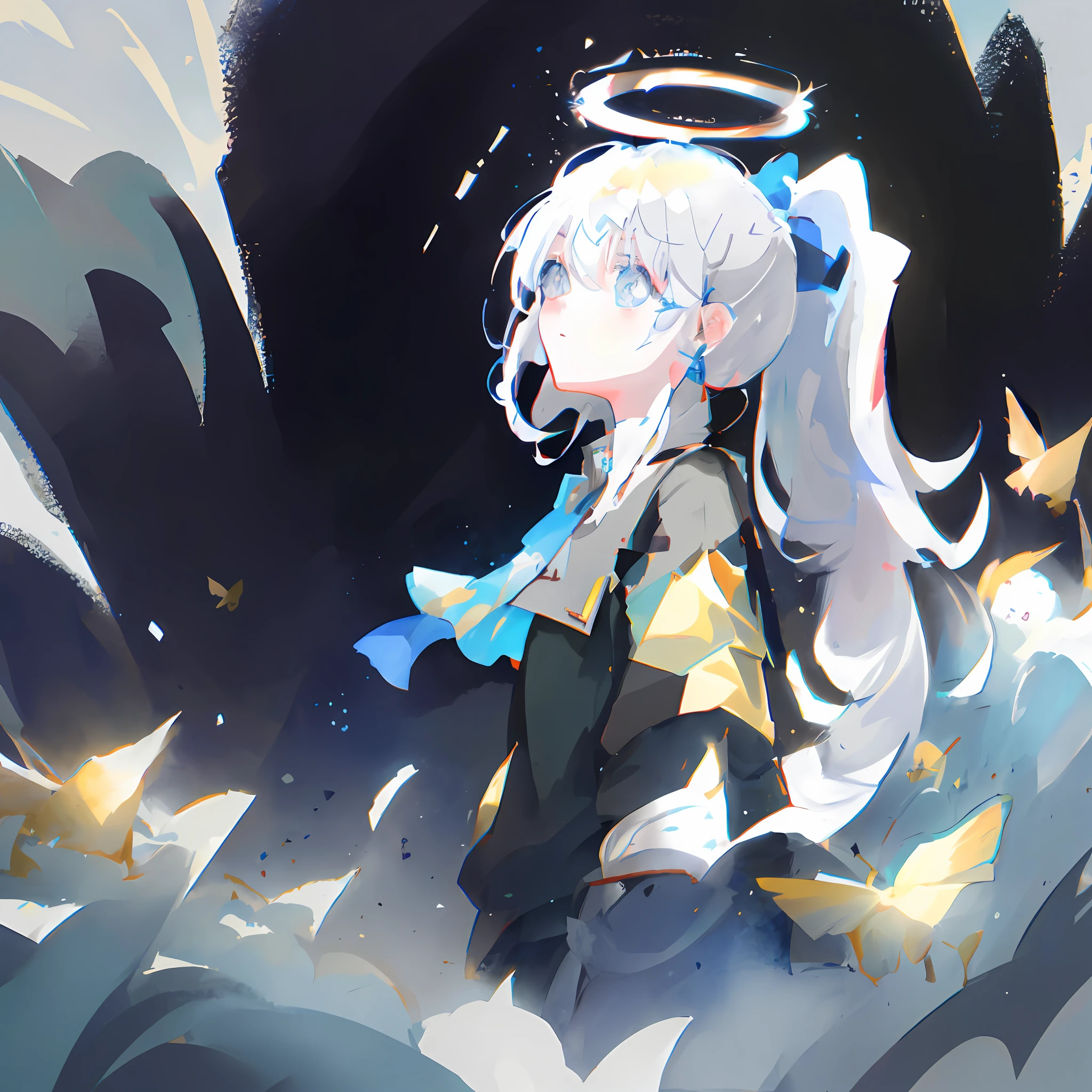 Anime girl with angel wings and halo in field，zerochan art，Guweiz in Pixiv ArtStation，white-haired god，Digital art on Pixiv，Anime art wallpaper 8K，Anime art wallpaper 4k，Anime art wallpaper 4k，anime moe art style，The work of Mai Yoneyama，Guweiz on ArtStation Pixiv。