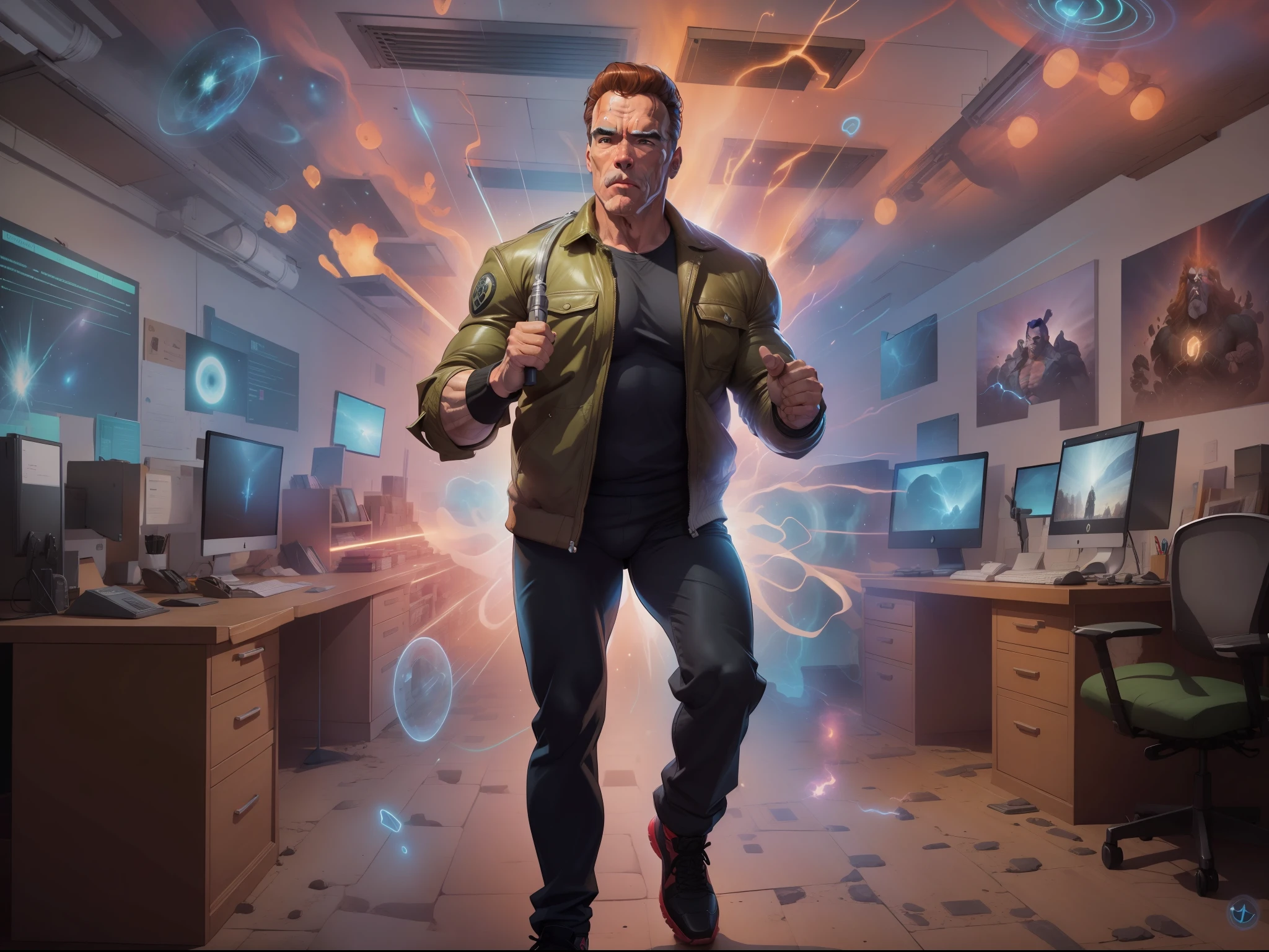 Arnold Schwarzenegger, graves, s office, best quality, Retrato estilizado Cartunesco, (hiperdetalhe:1.15), (luz suave, acume:1.2), action pose, action shot, (delirium), Cosmic lights invading the environment,
