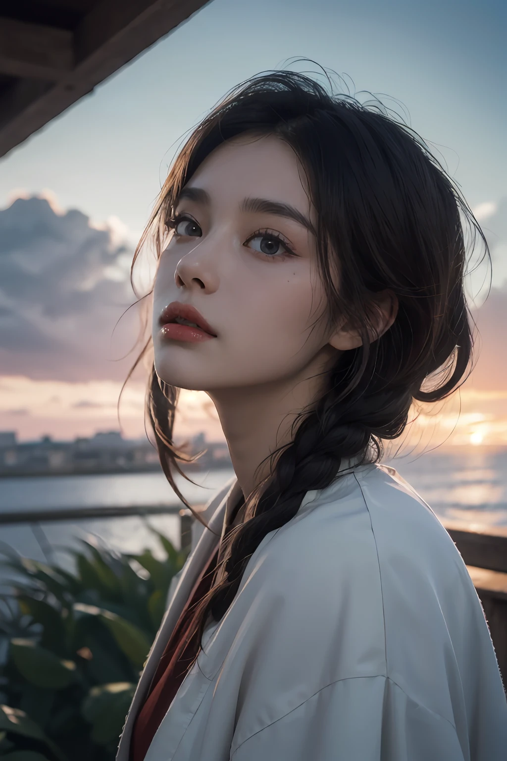 styled: Pure+ultra-realistic realism, Fair skin texture, Bright eyes, lightand shade contrast, high textured, ultra HD picture quality, High nose, dynamic angle, Light tracing, Realism, offcial art, Unity 8k壁纸, Ultra detailed paintings, A masterpiece of beauty, best qualityer, Glows skin, movie level lighting, Side Body,full bodyesbian, setting in nature, red color Hanfu,On the bridge,with blue sky and white clouds