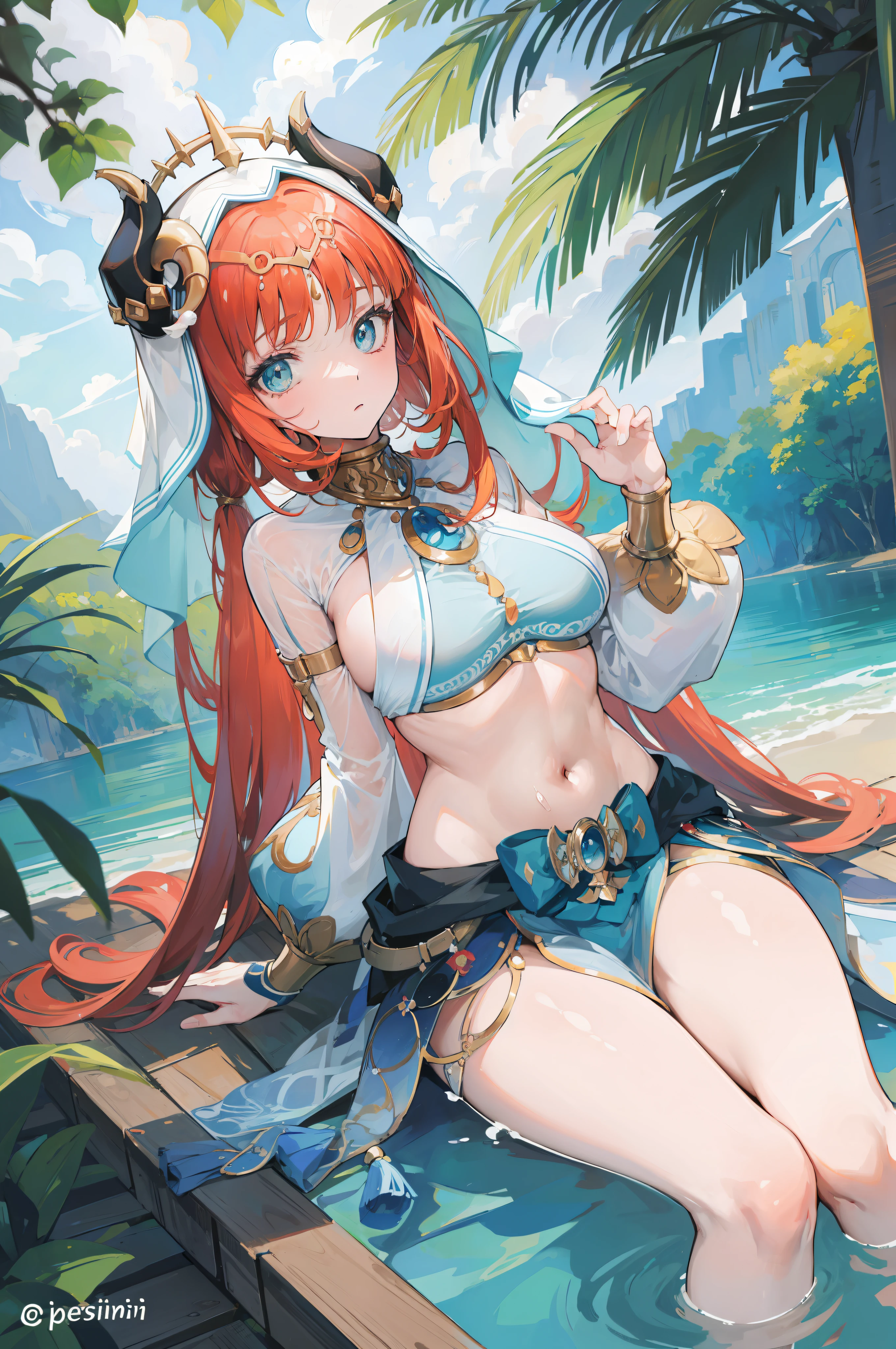 (Masterpiece), Best quality, yeux expressifs, visage parfait,W session, w assis par terre, bras entre les jambes, les deux bras entre les jambes, anime character,Impact de Genshin,femme,Nilou (Impact de Genshin),grosse poitrine, bonne poitrine,hands between legs, H-cup, big thighs