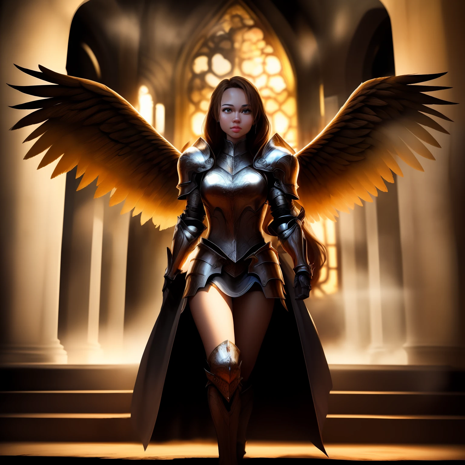 Ultra Realistic, full body, detailed face, lovely facial features, female archangel, scratched silver armor, runes, full body armor, large pouting lips, runic carvings, rim-lit, halo, magic, dirty battered armor, white skirt, detailed texture, atmospheric, light mode, larger golden wings, heavenly light background, in a church, golden glow, unstoppable, beautiful Madison Iseman, UHD, 8K, extremely detailed, photography, photorealism, natural light, masterpiece, best quality, amazing, intricate, highly detailed, sharp focus, cinematic,