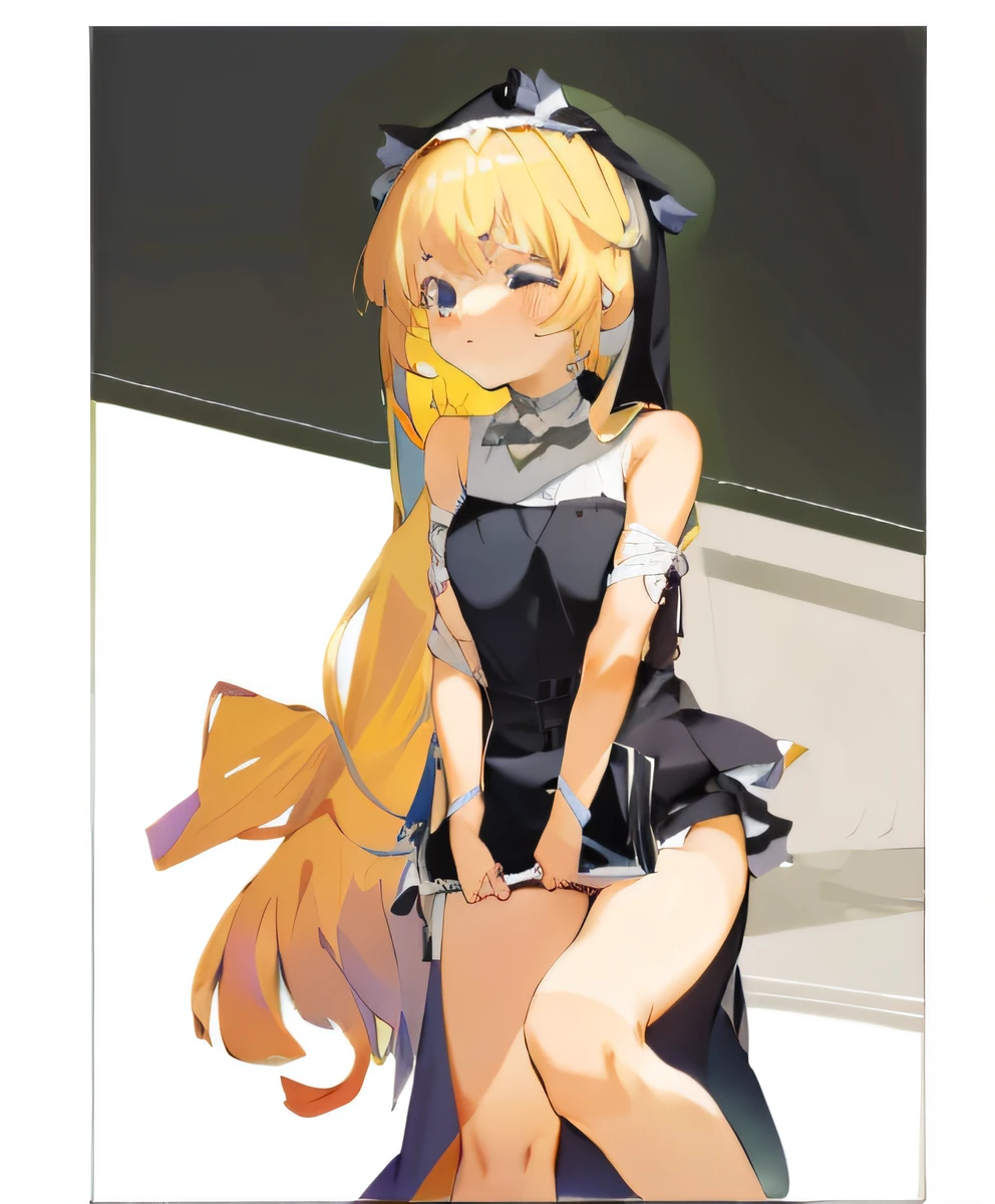 a drawing of a woman with long hair and a dress, clean anime outlines, thick lineart, clean lineart, thick black lineart, holding a pudica pose, hands behind her body pose!, flat anime style shading, perfect lineart, thick outline, Simple lines of art, thick line art, Outlined!!!, thick outline, Outline sketch, anime sketch,blond hairbl,Nun dress