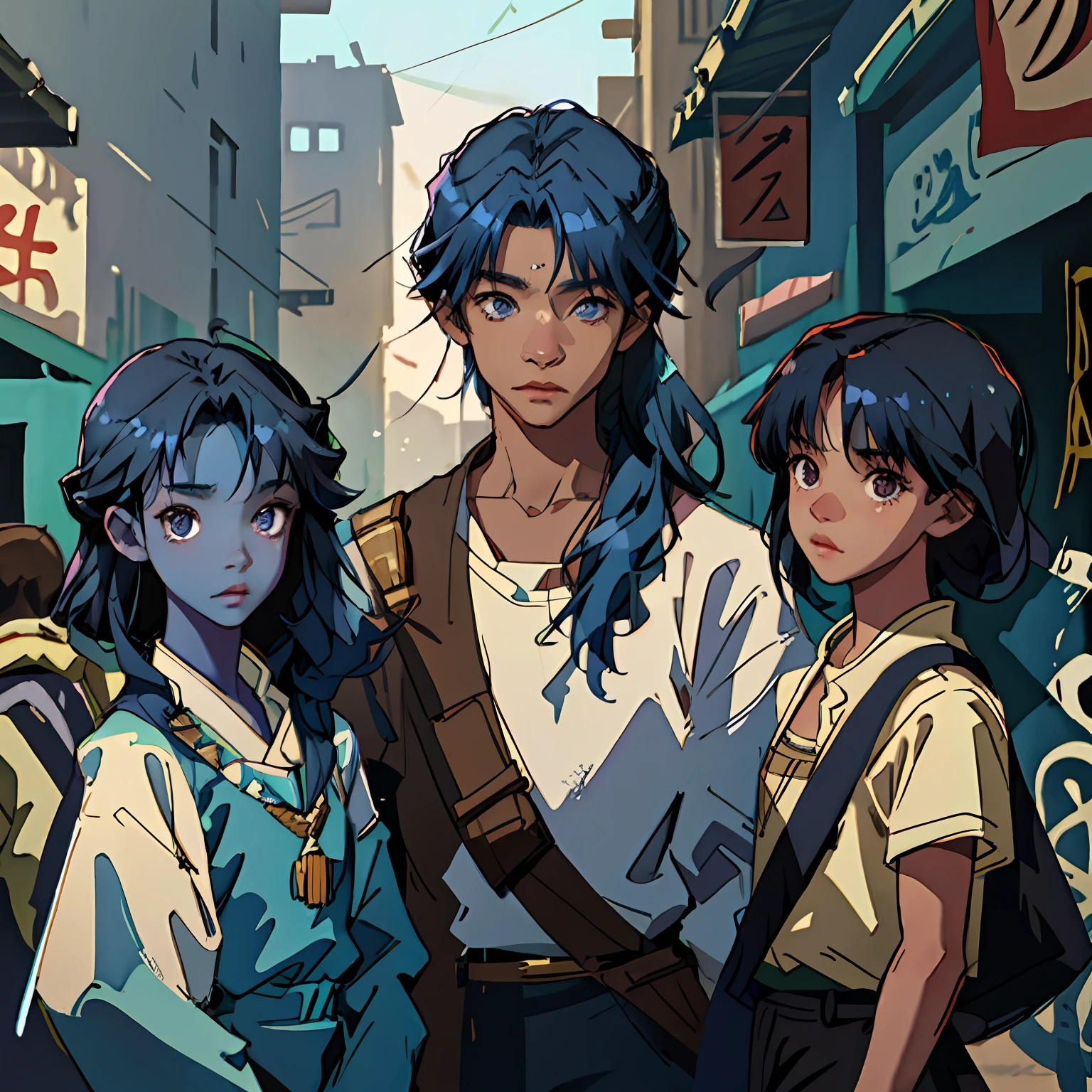 uno ubicado al lado del otro en fila en ilera, A group of 3 children with blue hair, are 13 and 14 years old, They are side by side ready to fend off the enemy army as they invade the city 14 years of blue hair..., The 14-year-old boy with straight hair with his back uncovered and his chest bare but dressed in typical clothes of ancient Egypt with dark brown skin a city is noon. doferentes angulos