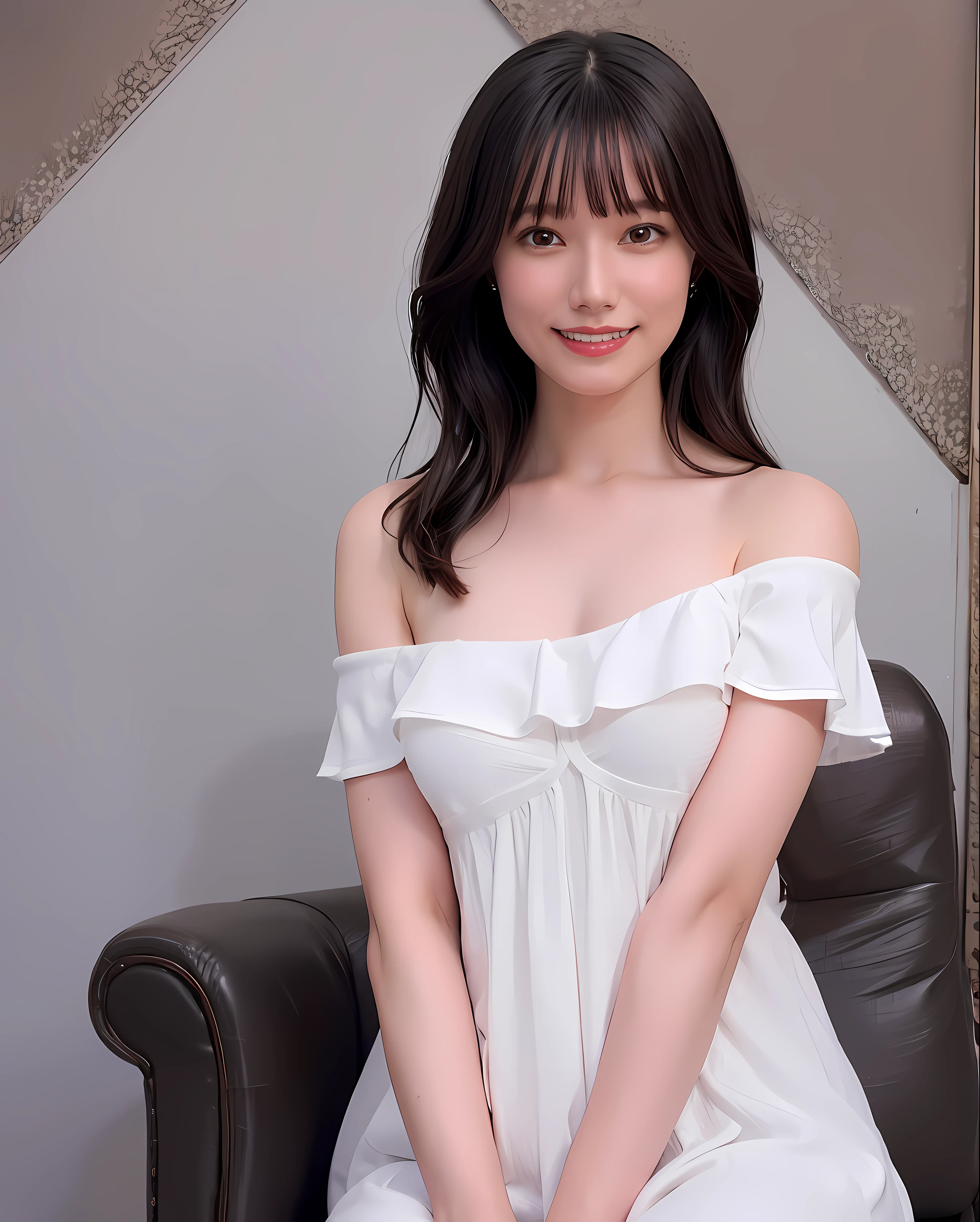 top-quality, Photorealsitic, 8K, hight resolution, 1girl in, femele, (profetional lighting), (portlate:0.6), (Off shoulder dress:1.72), a gorgeous, A dark-haired, (short-hair:1.2), (1 Watching viewer looking into the eyes of a girl:1.4), ((Look at viewers:1.6)), (looking in camera), Photorealsitic, (bokeh dof), (Portate:0.6), (dynamicposes:1.2), SFW, (a smile:1.6),F-cup