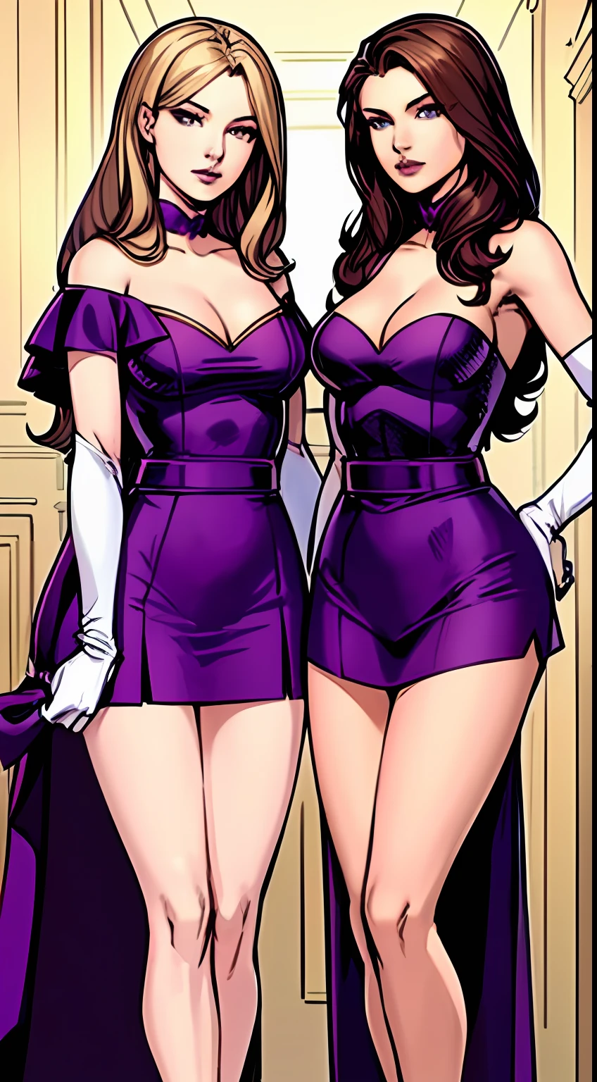 ((Masterpiece, highres)), 2girls, duo, twins, ((one brown haired girl, one blonde girl)), long hair, curly hair, matching hairstyles, different hair color, confident, elegant, rich girls, emotionless, arms at sides, straight backs, (((matching outfits, identical outfits, purple dress, elegant dress, shoulder length white gloves))), standing at attention, shoulder to shoulder, same pose, mansion