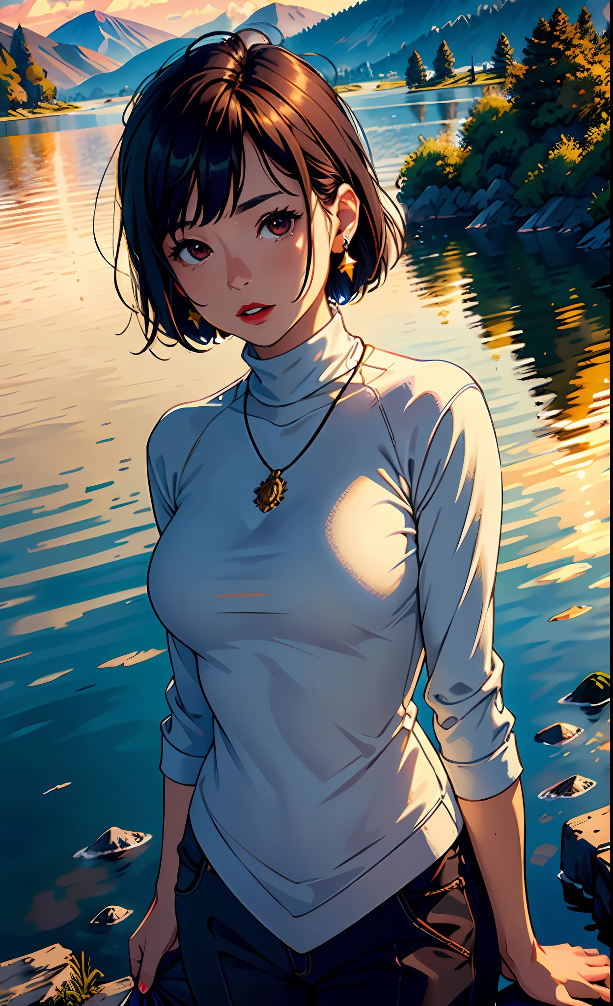 upper body: adult woman , short dark hair, corduroy turtleneck sweater burgundy, big boobs, star earrings, necklace, despair expression, red lips, , highly detailed 
BREAK
golden hour, (rim lighting):1.2, warm tones, sun flare, soft shadows, vibrant colors, painterly effect, dreamy atmosphere
BREAK
scenic lake, distant mountains, willow tree, calm water, reflection, sunlit clouds, peaceful ambiance, idyllic sunset, ultra detailed, official art, unity 8k wallpaper
, zentangle, mandala