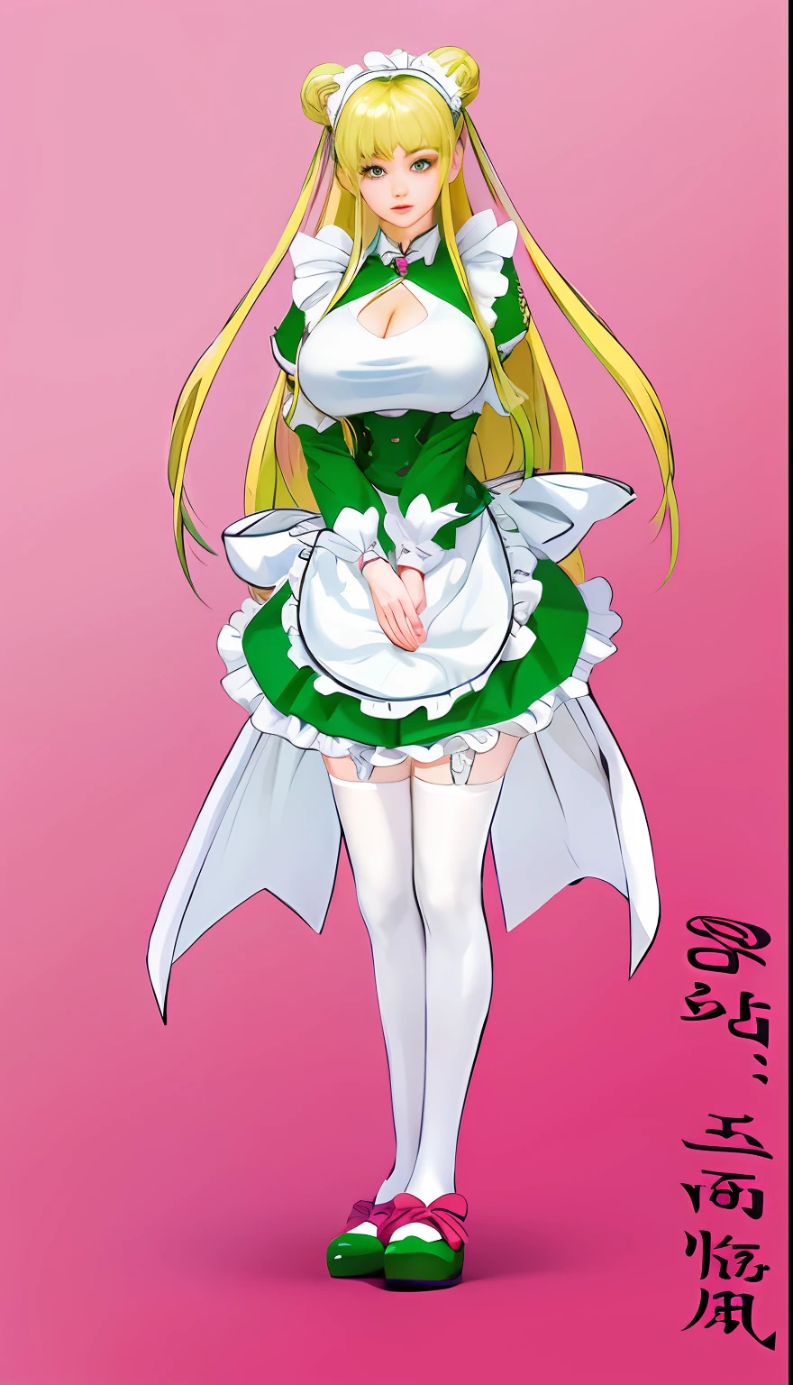 Woman in green and white dress,white stockings, girl in a maid costume,Be red in the face。