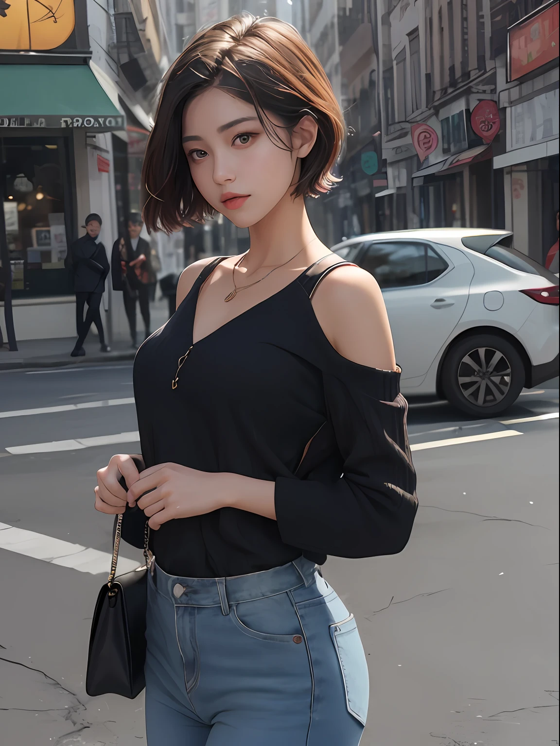 offcial art,Short hair girl,The style of the clothes is black,Skinny dark jeans,Short hair to the shoulders,The ends of the hair are dyed orange,is in night,Overall dark black tone,8k 壁纸,Beauty and aesthetics,tmasterpiece,Best quality at best,Static angle,Raised sexy,Fauvistdesign,atmospurate,Wait on a motorcycle,Riding a black motorcycle,There is a pink bear on the back of the motorcycle,The girl holds a helmet in her hand,Waiting