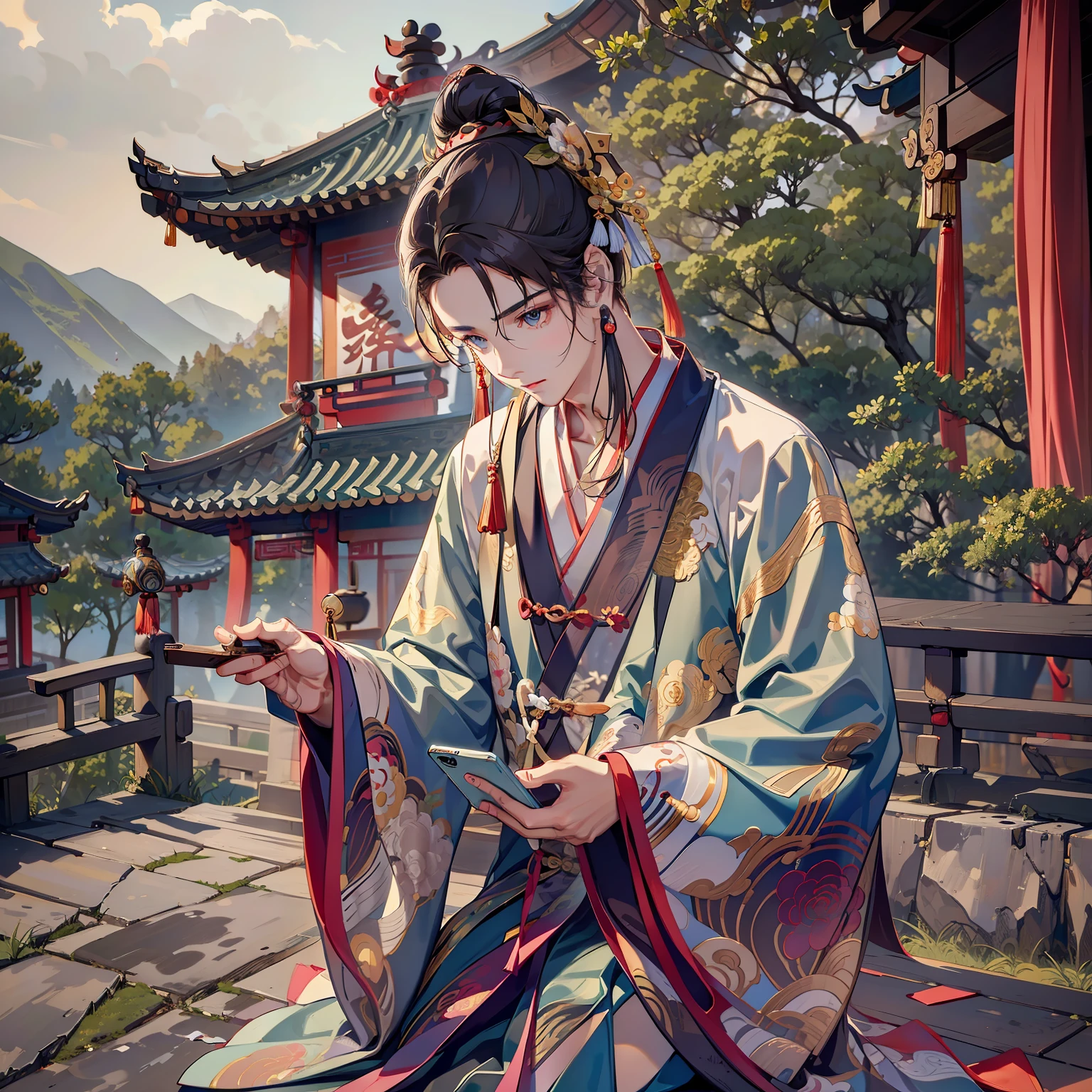 (A young man in a Taoist robe,One hand touches his head)
(Look down at your phone)
(A dilapidated Taoist temple)