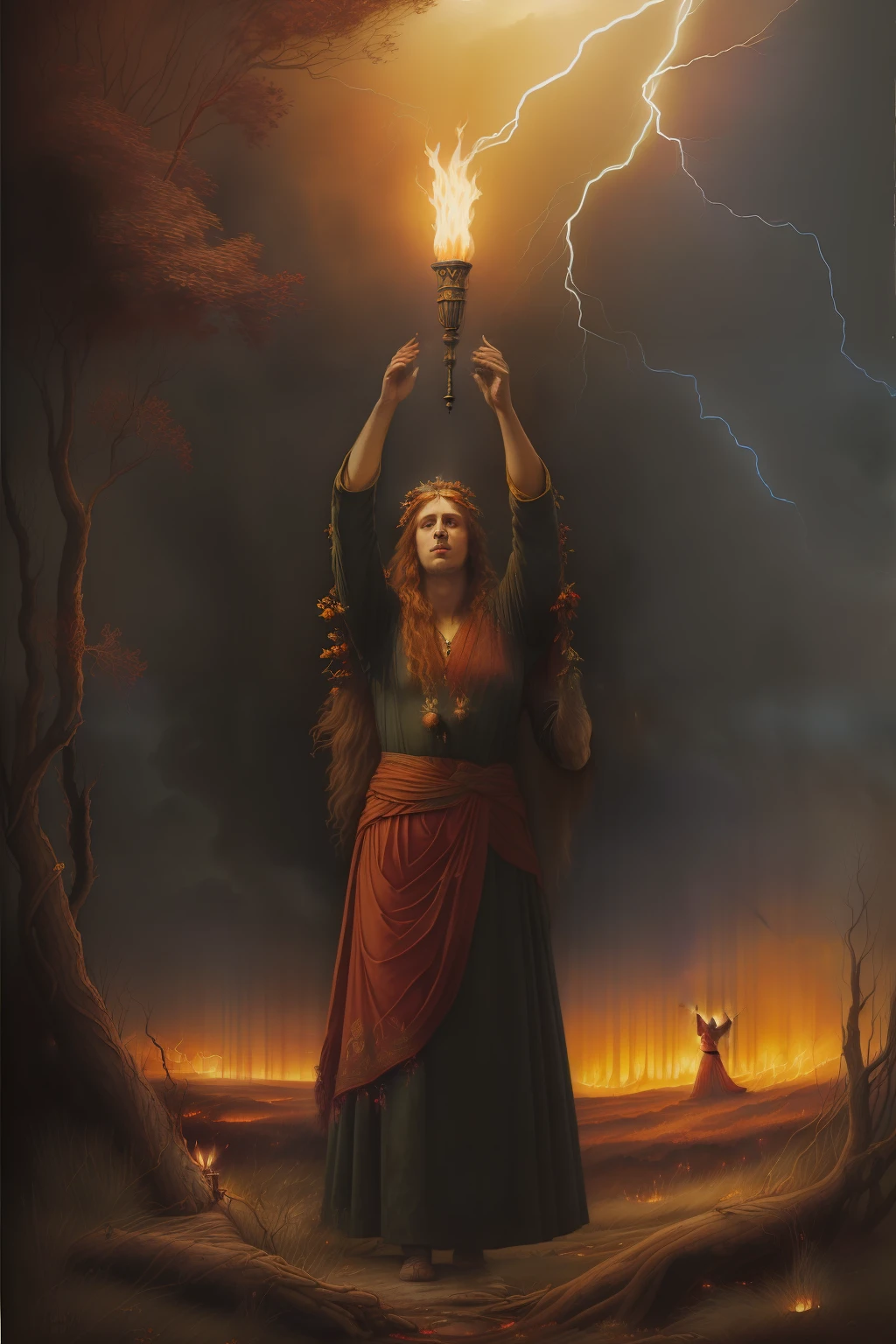 nuvens avermelhadas e raio. (((Pre-Raphaelite painting of a druid in worship with arms raised holds a torch of fire, vestes vermelhas, Lightning crosses the sky, espinheiro-negro sem folhas, predominance of red tones))) paisagem celta, clouds and mist