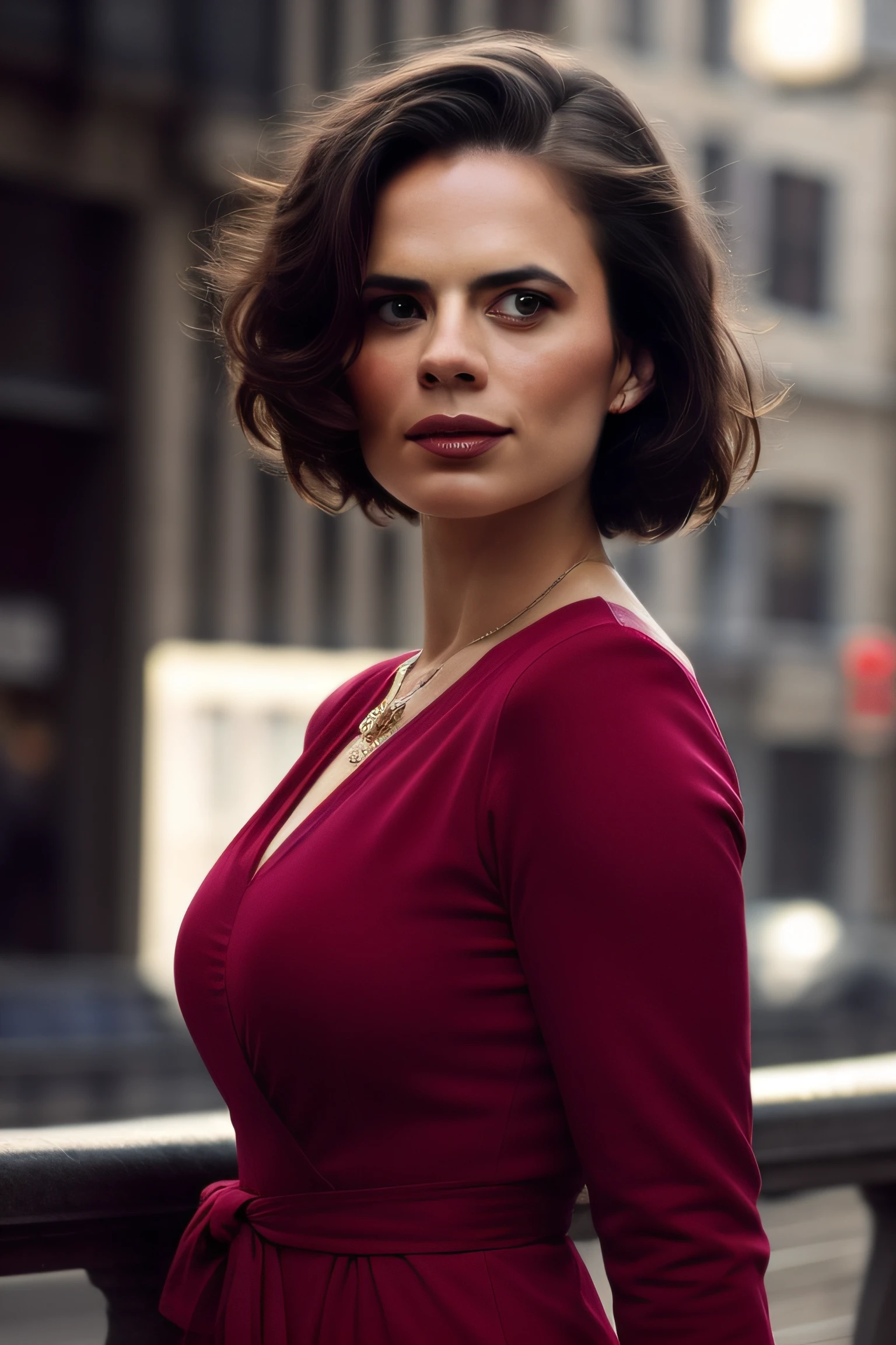 Beautiful woman, Hayley Atwell, wearing a red maxi dress, highly detailed, long curly hair, modelshoot style, (extremely detailed CG unity 8k wallpaper), full shot body photo of the most beautiful artwork in the world, downtown fashion top model, Victoria Secret Inspired Makeup Look, professional majestic oil painting by Ed Blinkey, Atey Ghailan, Studio Ghibli, by Jeremy Mann, Greg Manchess, Antonio Moro, trending on ArtStation, trending on CGSociety, Intricate, High Detail, Sharp focus, dramatic, photorealistic painting art by midjourney and greg rutkowski