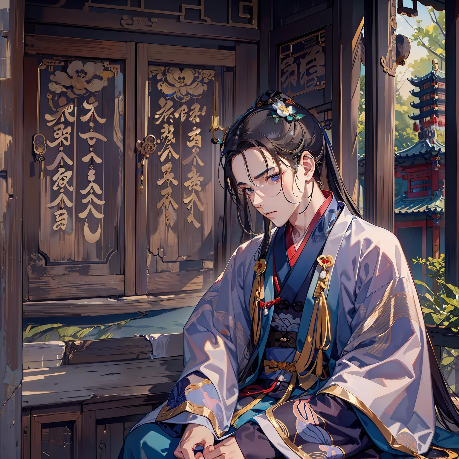 （A young man in a Taoist robe，One hand touches his head）
（Look down at your phone）
（A dilapidated Taoist temple）