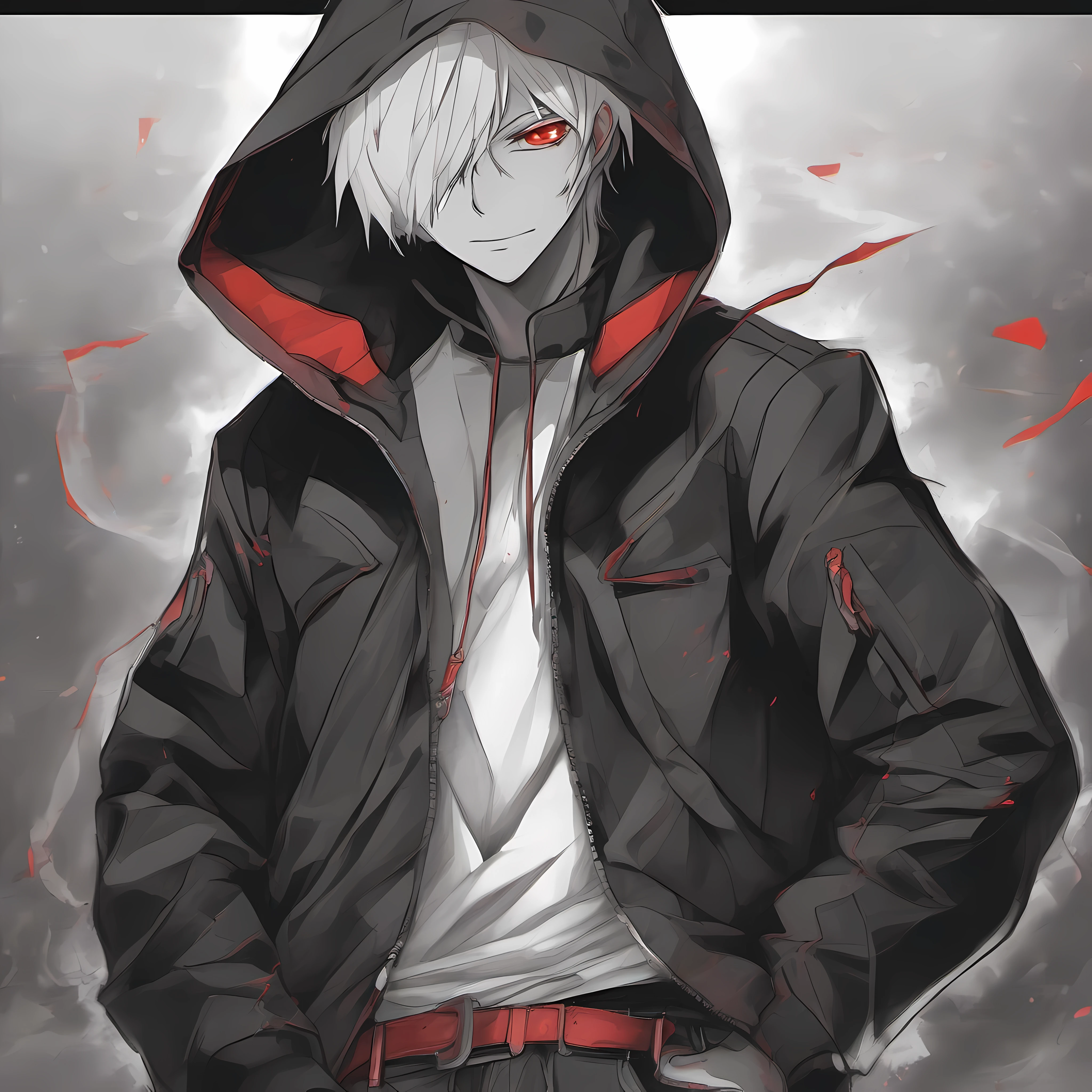 Pencil art, sketch drawing, 8K, full body shot of a 1boy with white hair and red eyes. black jacket with a red hood, white shirt, blue jeans and red sneakers, in a typical anime szenario, high quality, best quality, masterpiece, ((black and white picture))