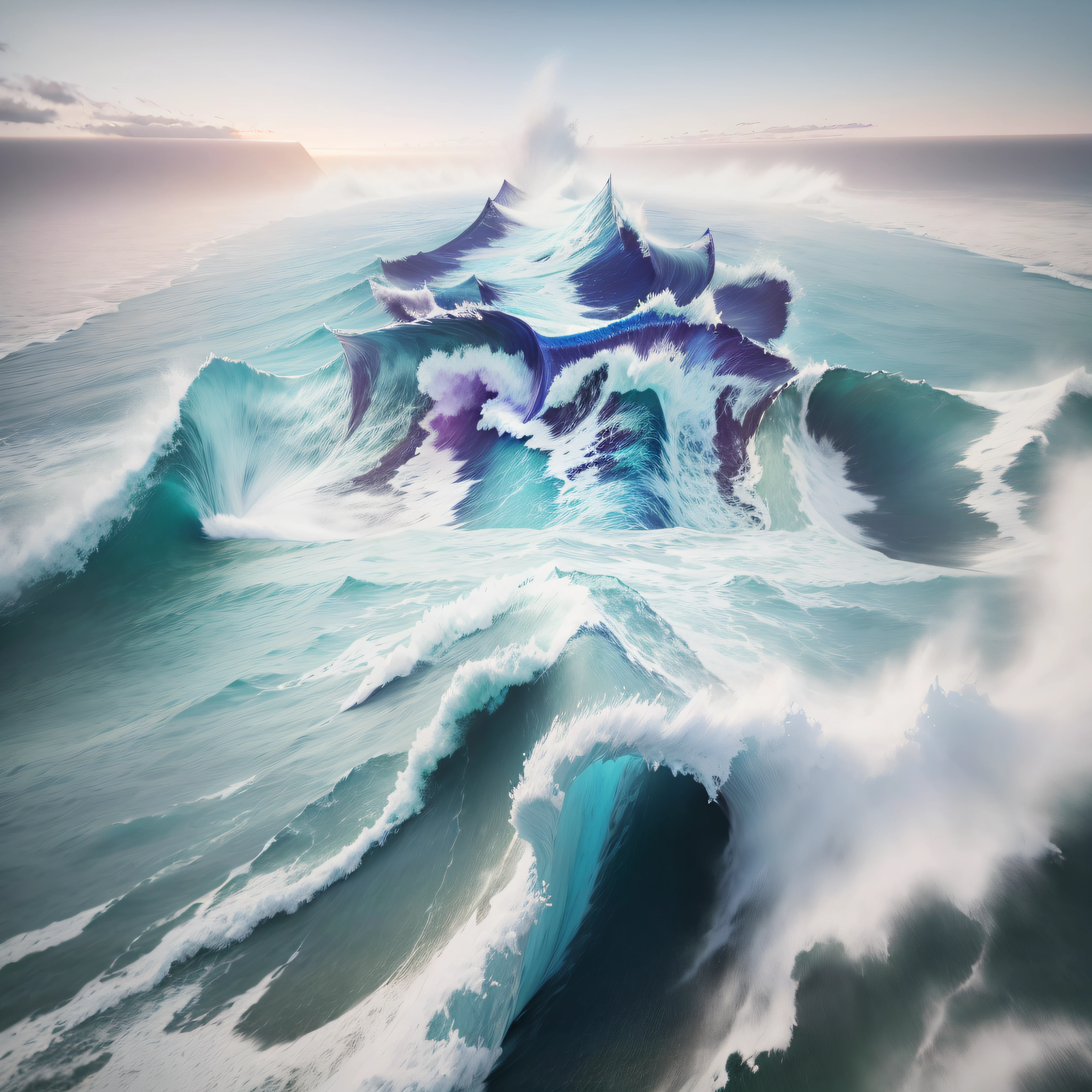 Faraway view,bird's eyes view,Wide blue sea,Huge waves,White spray,Masterpiece Photo,At sunrise