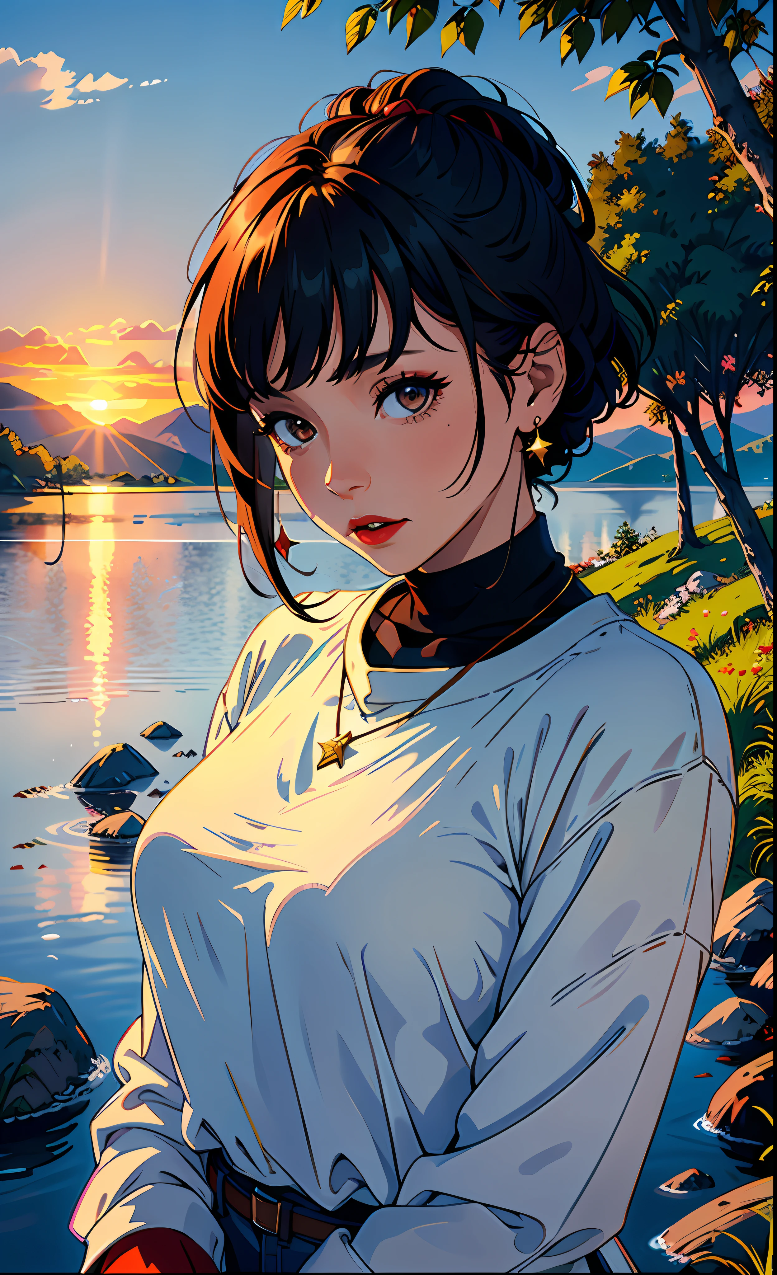 upper body: adult woman , short dark hair, corduroy turtleneck sweater burgundy, big boobs, star earrings, necklace, despair expression, red lips, , highly detailed 
BREAK
golden hour, (rim lighting):1.2, warm tones, sun flare, soft shadows, vibrant colors, painterly effect, dreamy atmosphere
BREAK
scenic lake, distant mountains, willow tree, calm water, reflection, sunlit clouds, peaceful ambiance, idyllic sunset, ultra detailed, official art, unity 8k wallpaper
, zentangle, mandala