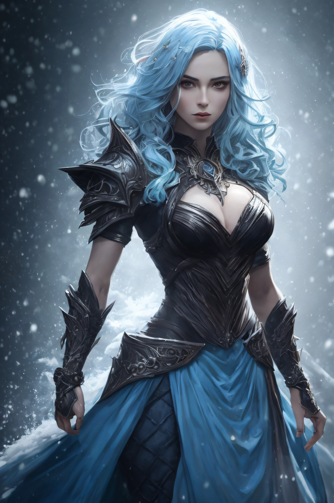 full body,  realistic digital painting
of a gothic female blood elf, (wavy hair:1.1), (pale blue
hair:1.3), (snow and ice), magic cloth armor
with blue and black engrave in intricate details, (abstract
background:1.1), (light particle:1.2), (very detailed skin:1.2),
(game concept:1.3), (elden ring style:1.3), (arcane style:0.8),
(depth of field:1.3), global illumination, art by hoang lap and
fuji hoko and artgerm and greg rutkowski and viktoria
gavrilenko