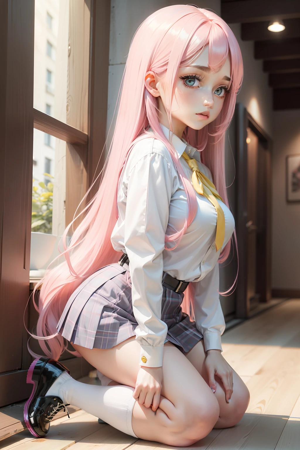 k hd,Kizi,Pink hair,long whitr hair,hair straight,White color blouse,Blue plaid skirt,white stockings,Black leather shoes,Yellow pupils